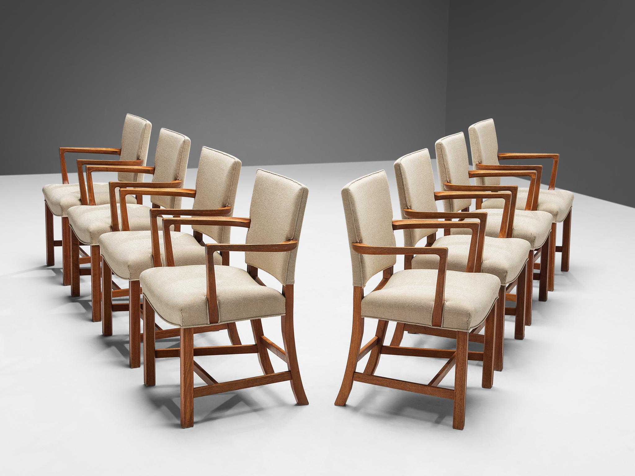 Kaare Klint for Rud Rasmussens Snedkerier, set of eight armchairs, model '3758A', teak, fabric, Denmark, design 1927 

This large set of dining chairs designed by Kaare Klint is special to come by. These chairs have very elegantly sculpted slender