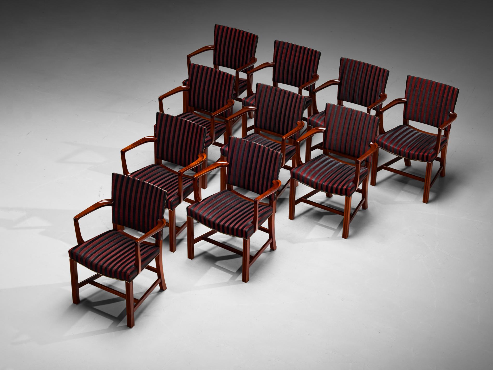 Kaare Klint for Rud. Rasmussens Snedkerier, set of ten dining armchairs, model '3758A' , horsehair, mahogany, brass, Denmark, design 1927, made 1950s 

These dining chairs were designed in 1927 and made in the 1950s. The seat and backrest are