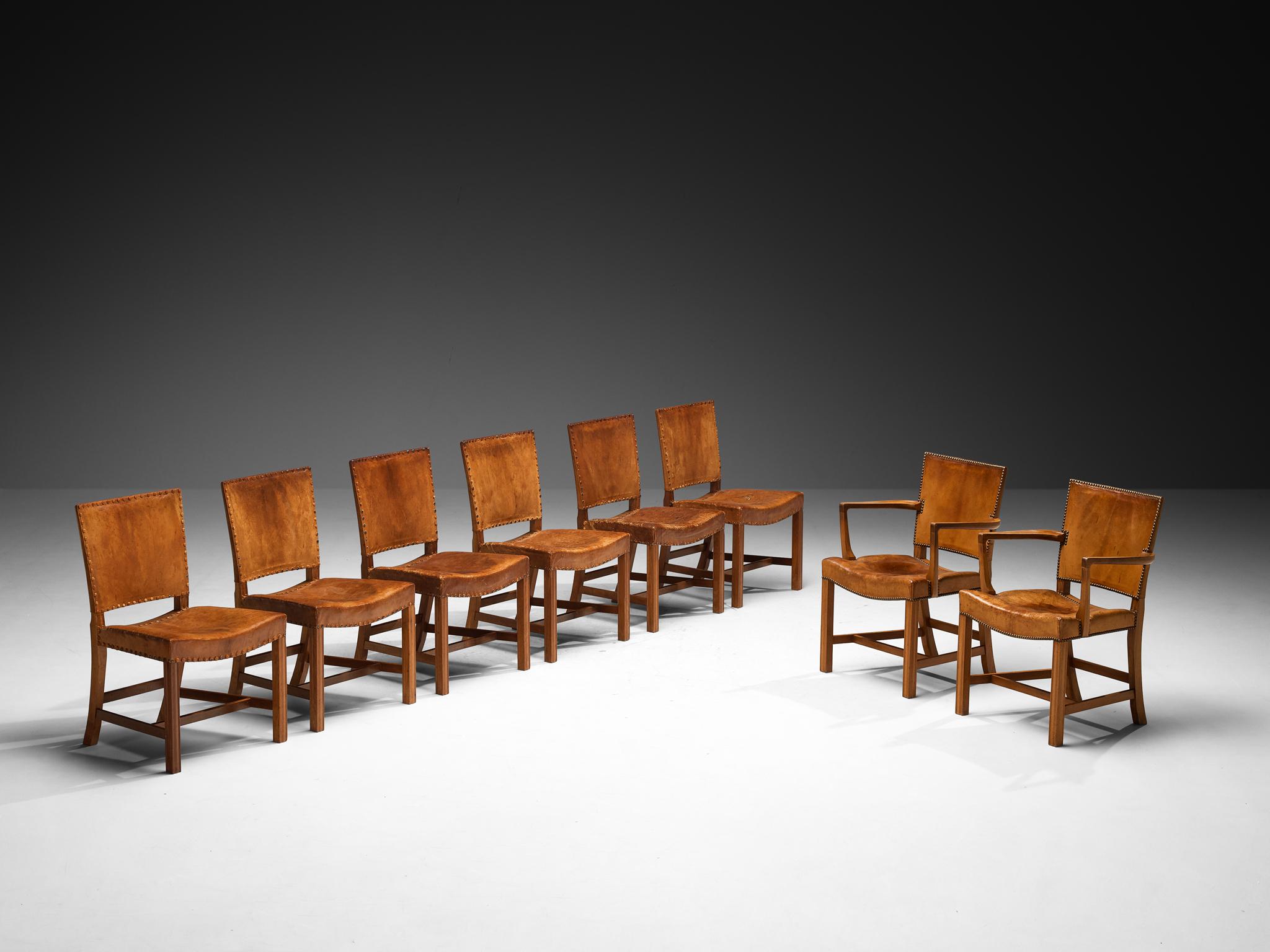 Kaare Klint for Rud. Rasmussens Snedkerier, set of eight dining chairs, model 3758 and 3758A Niger leather, mahogany, brass, Denmark, design 1927 and 1930, made 1930s and 1950s/60s 

An extraordinary dining ensemble by Kaare Klint for Rud.