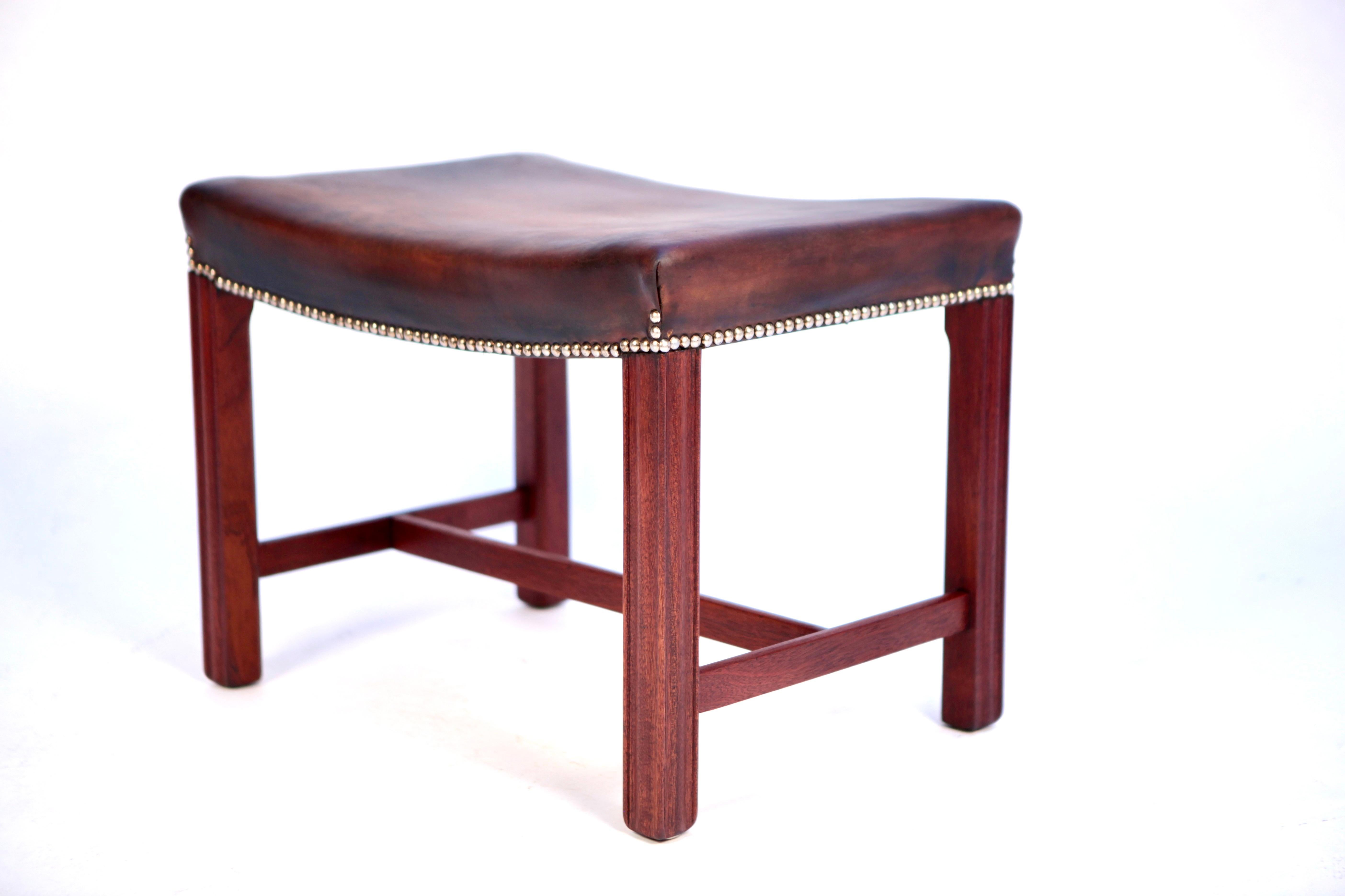 Mid-20th Century Kaare Klint, Rare Tabouret in Cuban Mahogany & Niger Leather, Model 3758