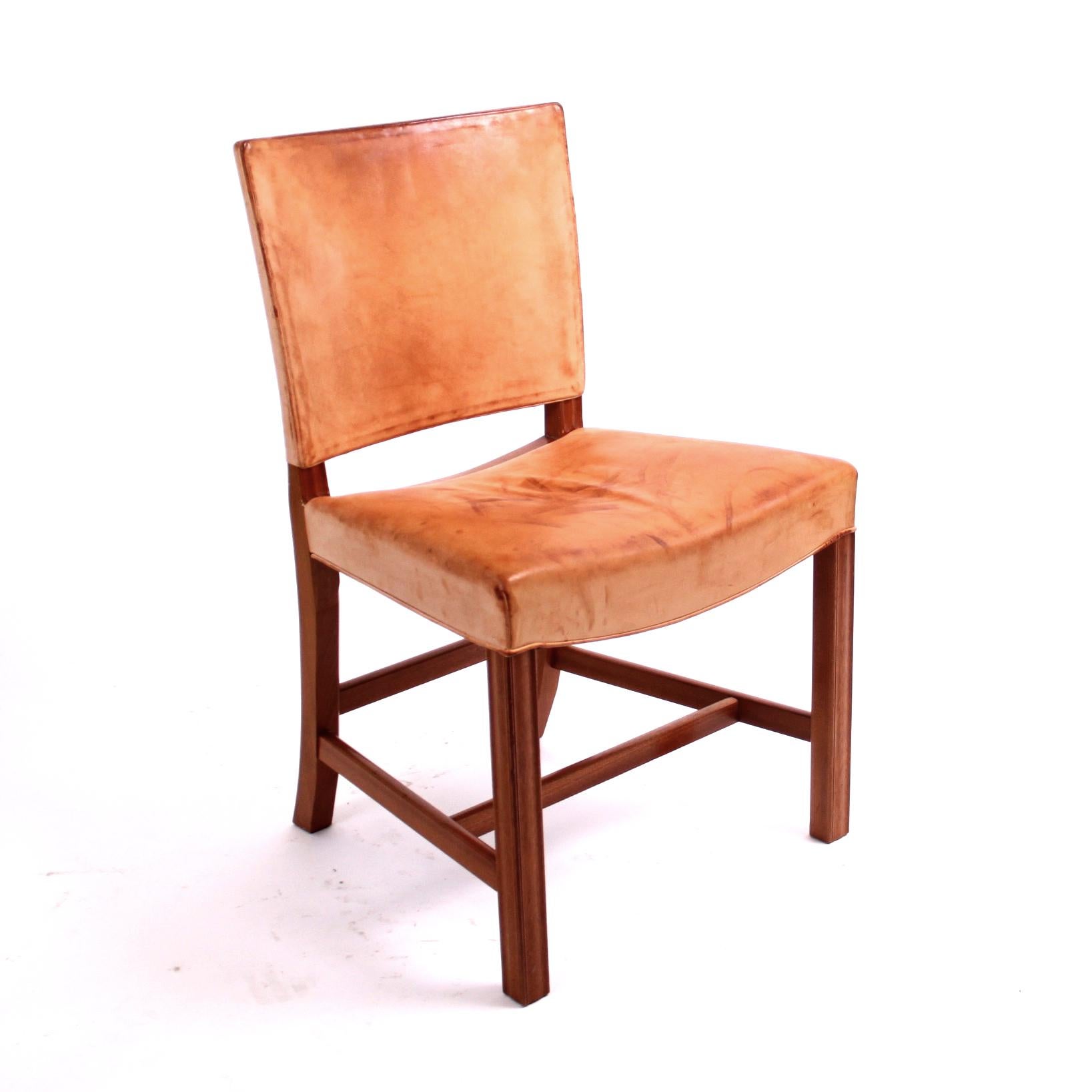 Danish Kaare Klint “Red Chair” in Patinated Natural Leather with Piping