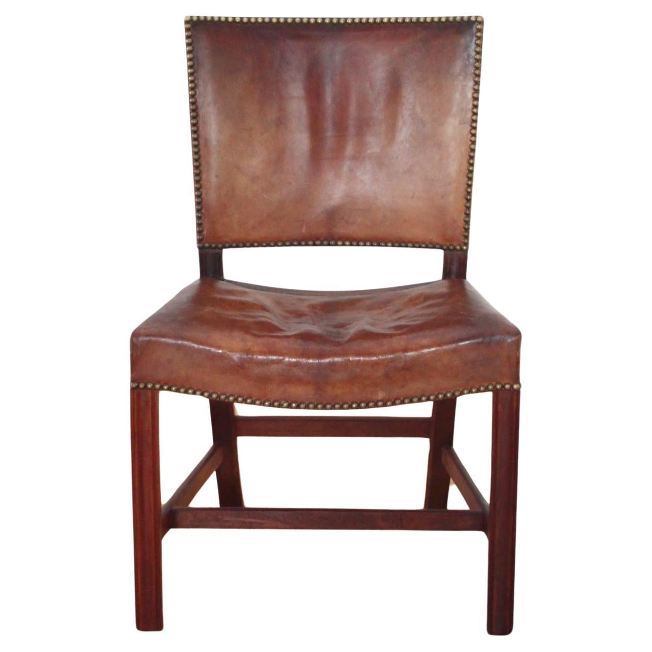 Chaise rouge Kaare Klint de Rud Rasmussen, cuir du Niger d'origine et cadre en acajou en vente