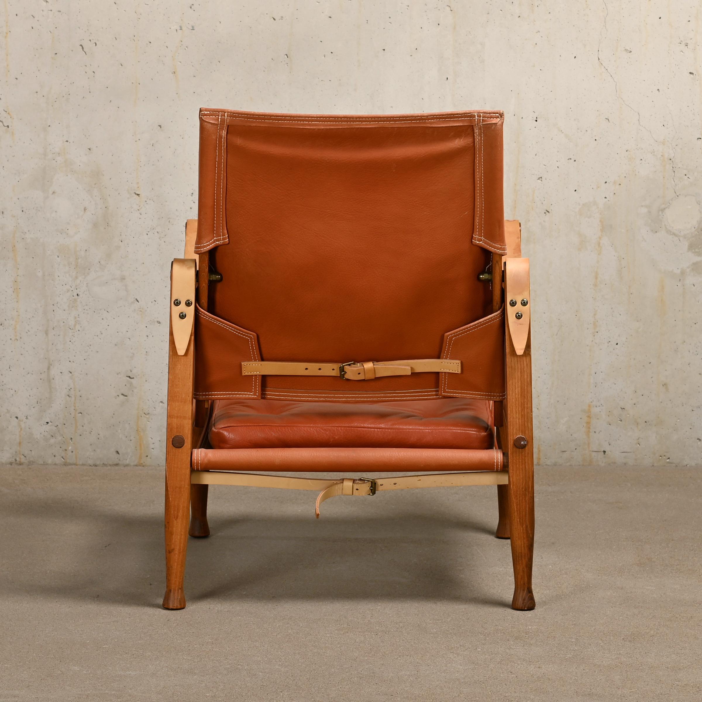 Mid-Century Modern Kaare Klint Safari Chair in Brown Leather and Ash for Rud Rasmussen, Denmark