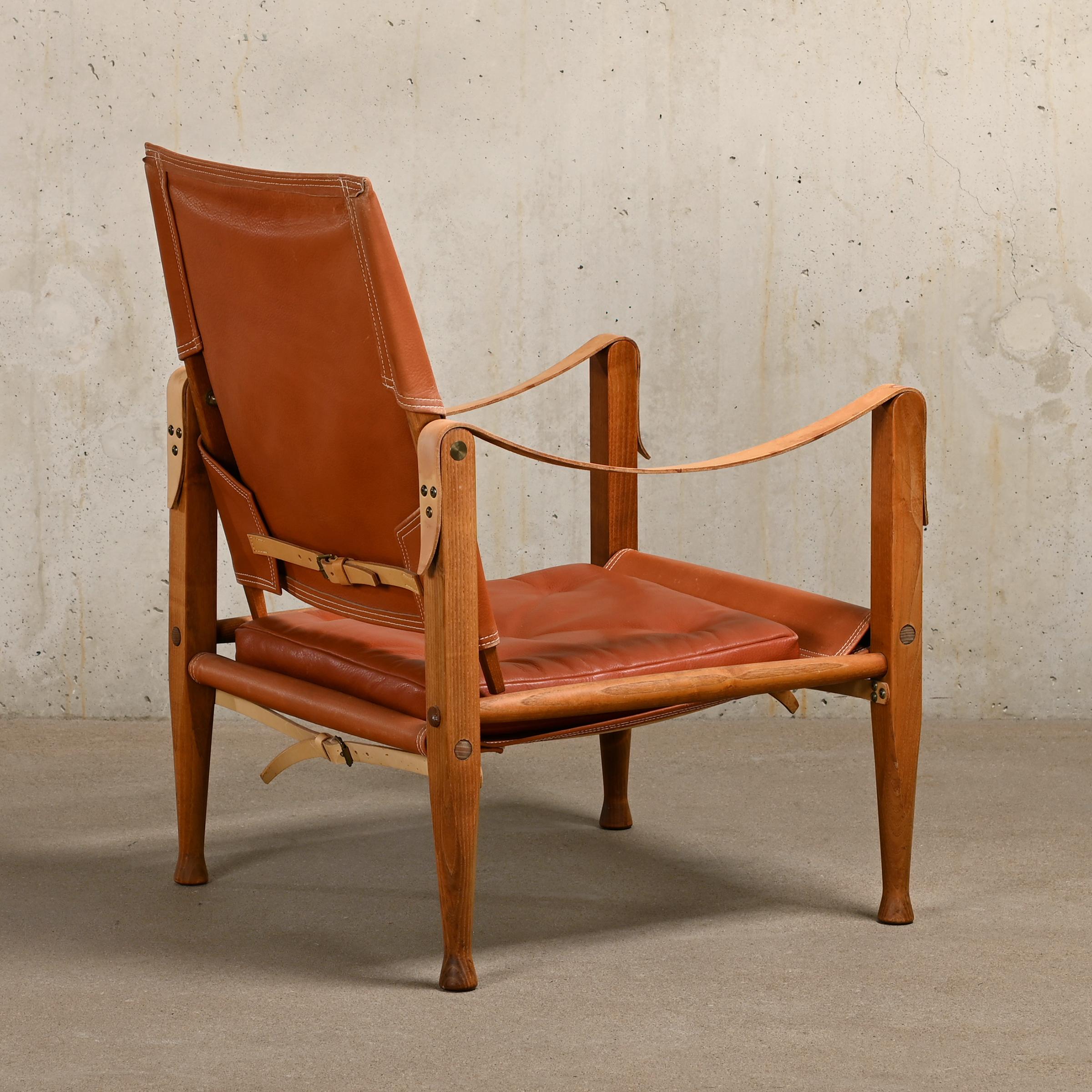 Danish Kaare Klint Safari Chair in Brown Leather and Ash for Rud Rasmussen, Denmark
