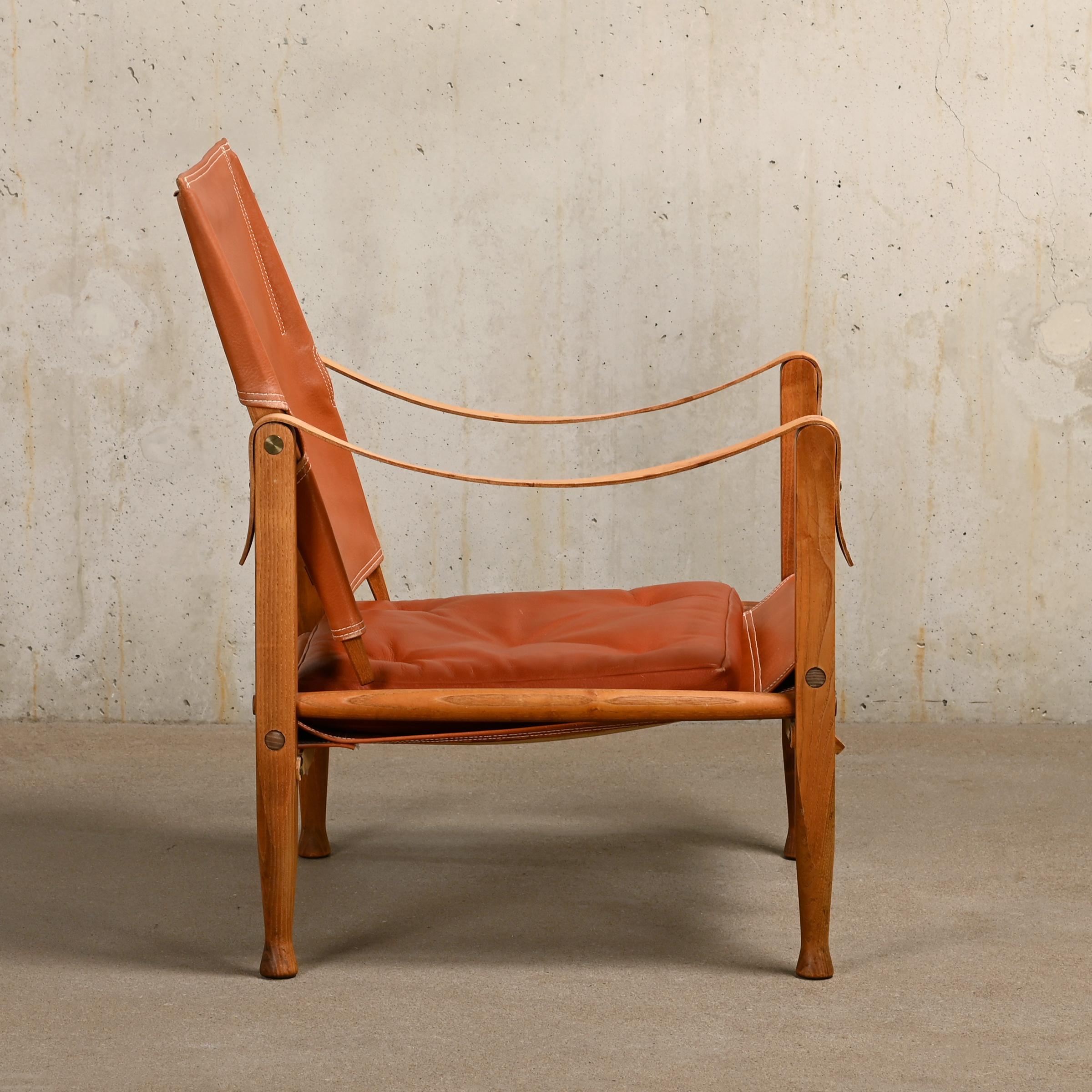 Mid-20th Century Kaare Klint Safari Chair in Brown Leather and Ash for Rud Rasmussen, Denmark