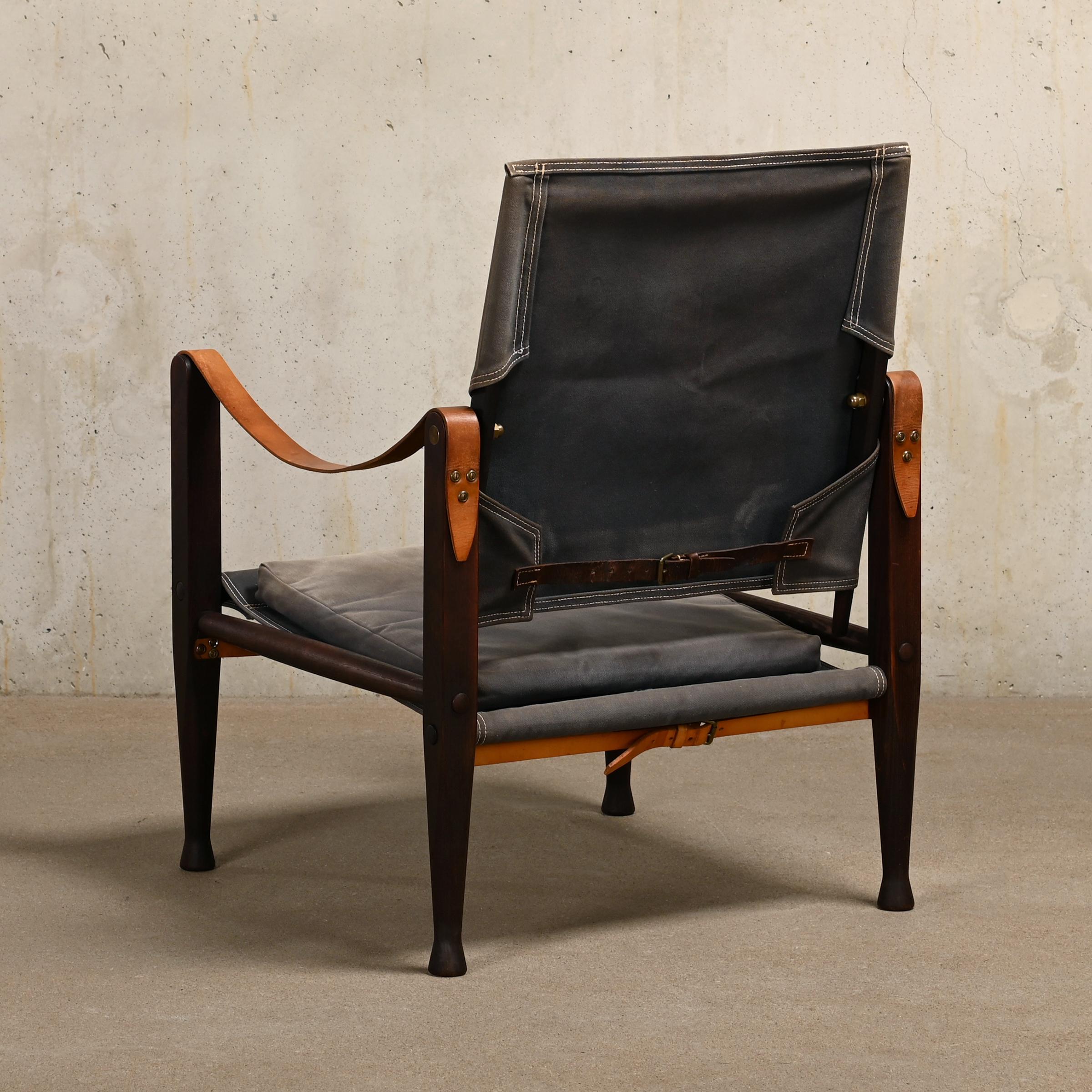 Mid-Century Modern Kaare Klint Safari Chair in Grey Canvas and Dark Stained Ash for Rud Rasmussen