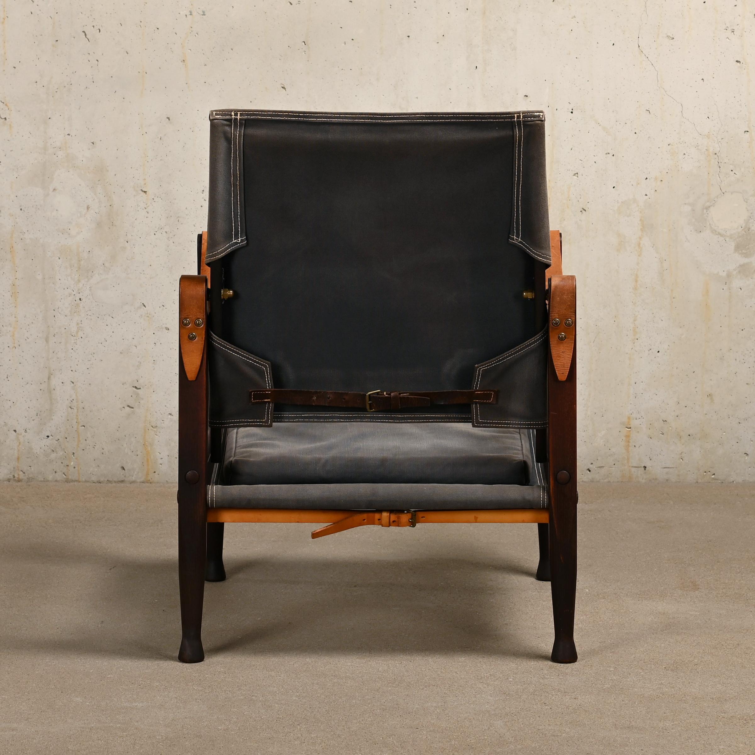 Danish Kaare Klint Safari Chair in Grey Canvas and Dark Stained Ash for Rud Rasmussen