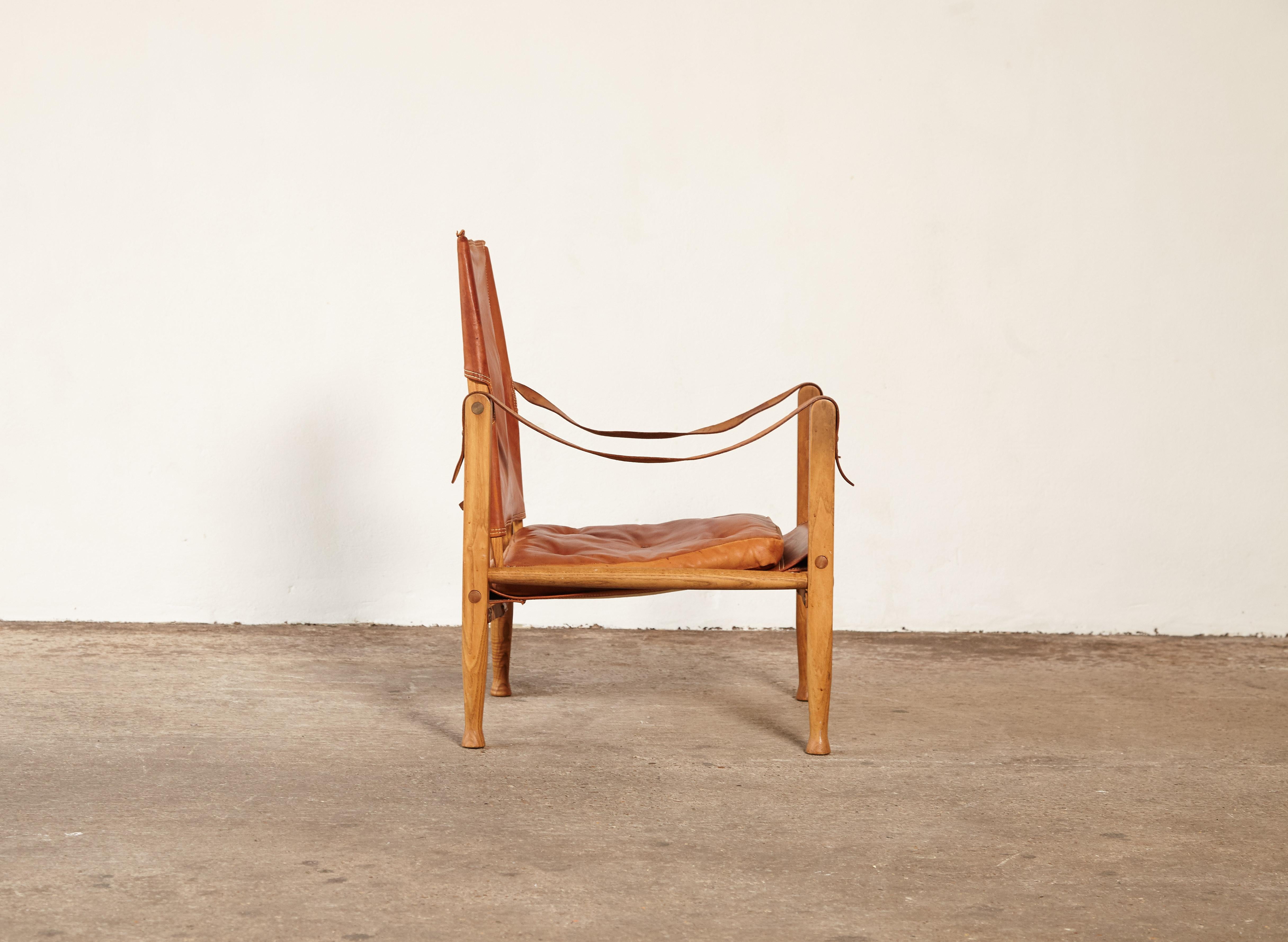 Danish Kaare Klint Safari Chair in Patinated Tan Leather, Rud Rasmussen, Denmark, 1960s