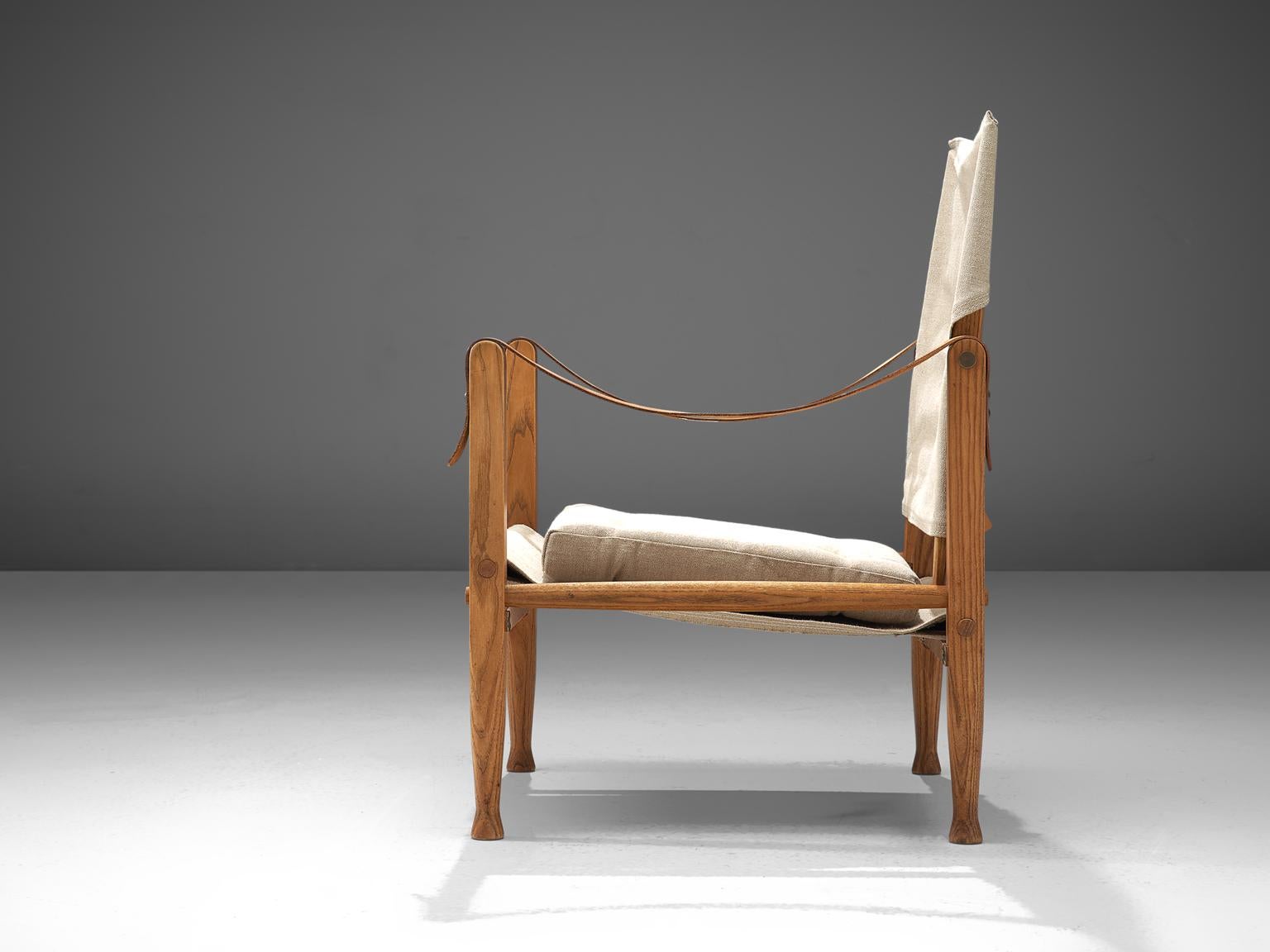Danish Kaare Klint Safari Chair with Undyed Linen Drill and Leather Armrests