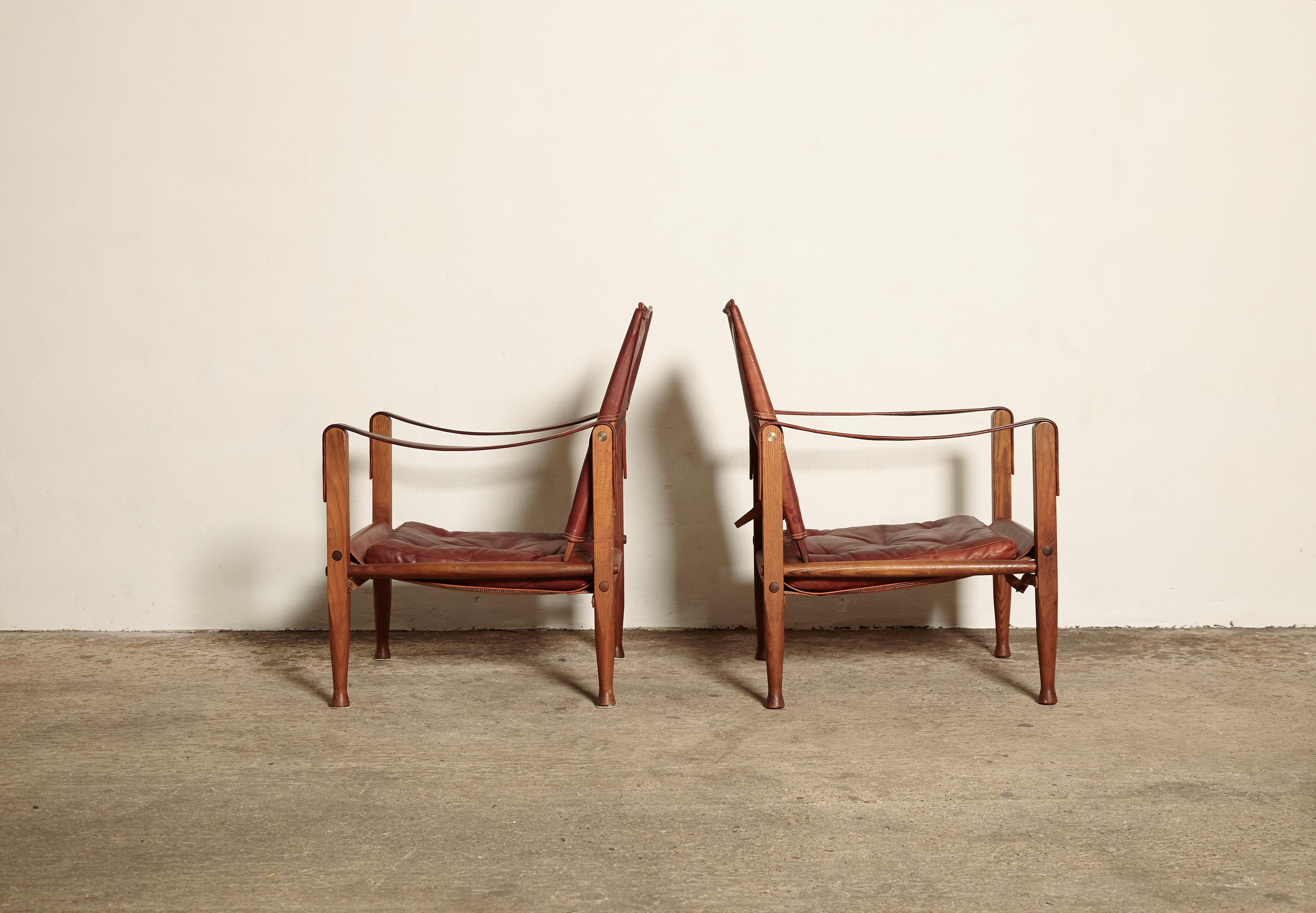 Leather Kaare Klint Safari Chairs and Footstools, Rud Rasmussen, Denmark, 1950s