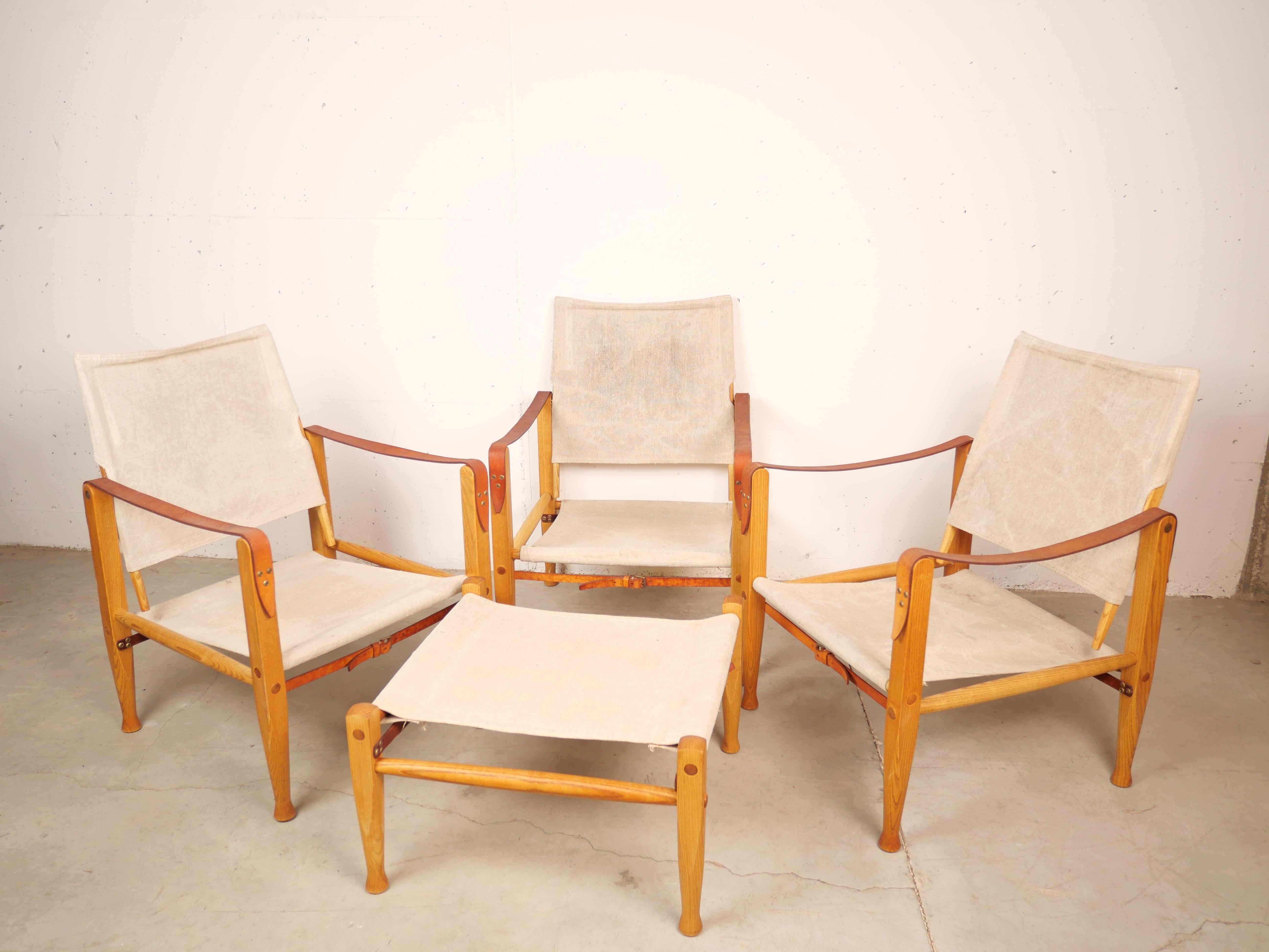 Mid-Century Modern Kaare Klint Safari Chairs and Footstools, Rud Rasmussen, Denmark, 1960s