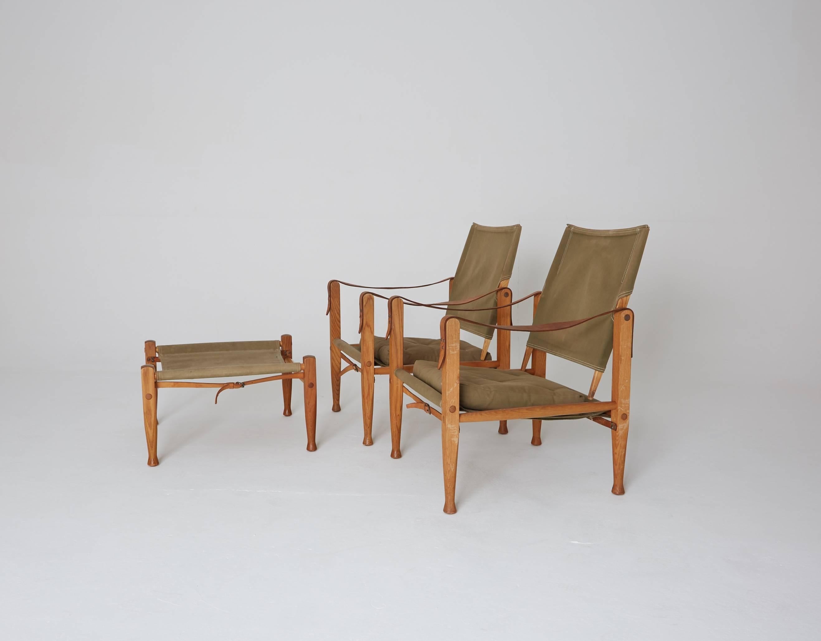 Mid-Century Modern Kaare Klint Safari Chairs and Stool in Canvas, Rud Rasmussen, Denmark, 1960s