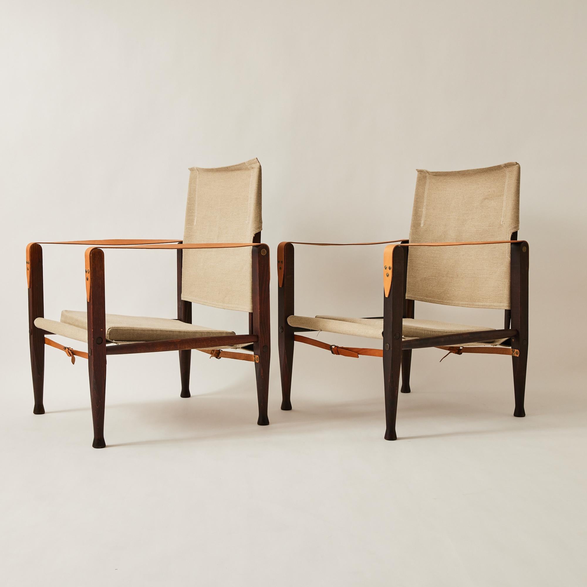 Scandinave moderne Paire de chaises Safari Kaare Klint pour Rud Rasmussen en frêne et toile en vente