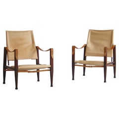 Retro Kaare Klint "Safari" Lounge Chairs in Light Leather & Ash, Rud Rasmussen, 1950s