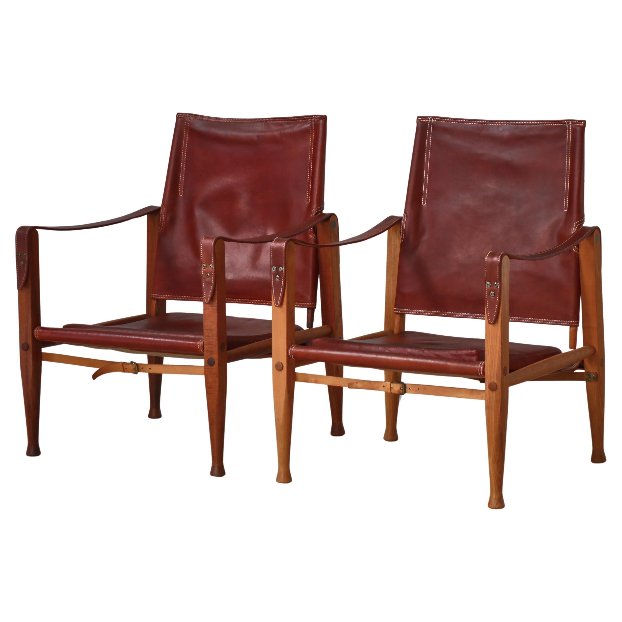 Kaare Klint "Safari" Lounge Chairs in Red Leather and Ash, Rud Rasmussen, 1950s For Sale