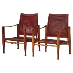 Retro Kaare Klint "Safari" Lounge Chairs in Red Leather and Ash, Rud Rasmussen, 1950s