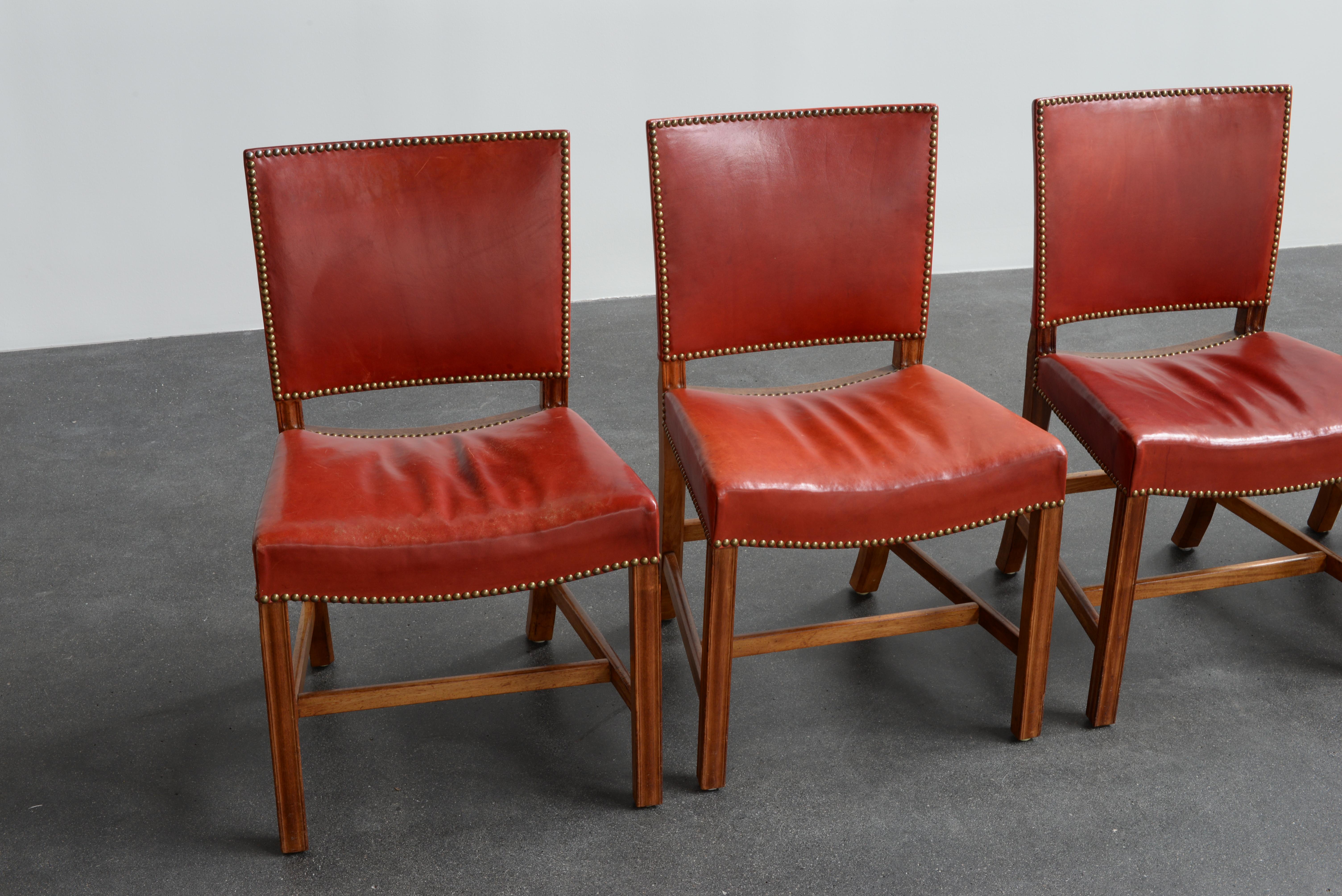 Danish Kaare Klint Set of Four Red Chairs for Rud, Rasmussen