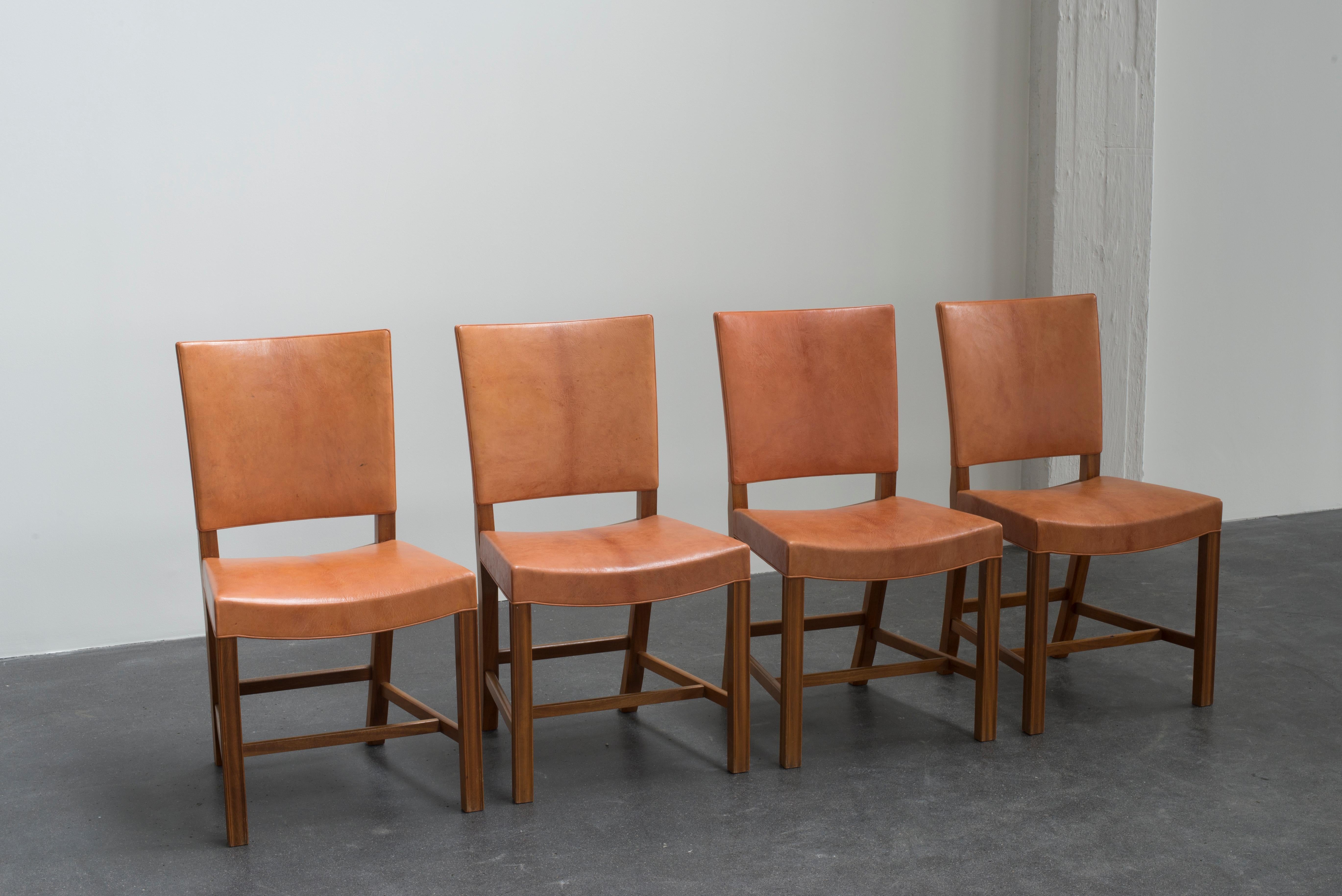 Kaare Klint Set of Four Red Chairs for Rud. Rasmussen In Good Condition In Copenhagen, DK