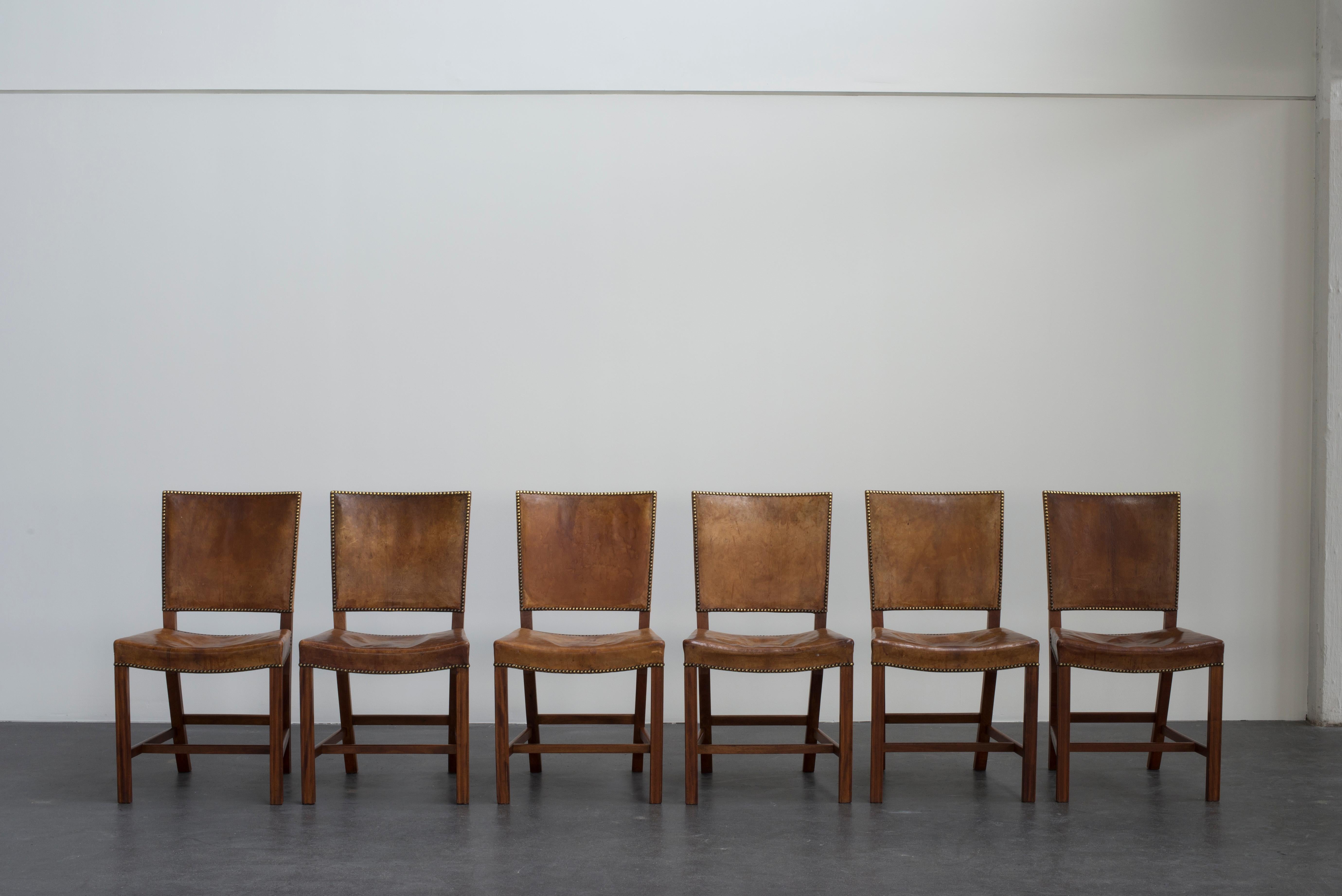 Danish Kaare Klint Set of Six Red Chairs for Rud, Rasmussen