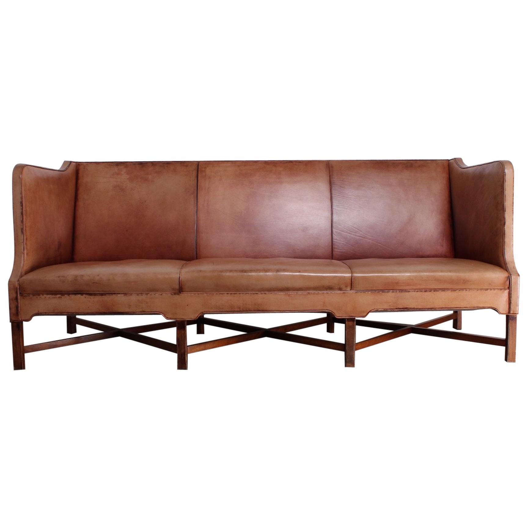 Kaare Klint Sofa Model 4118 in Mahogany and Patinated Leather