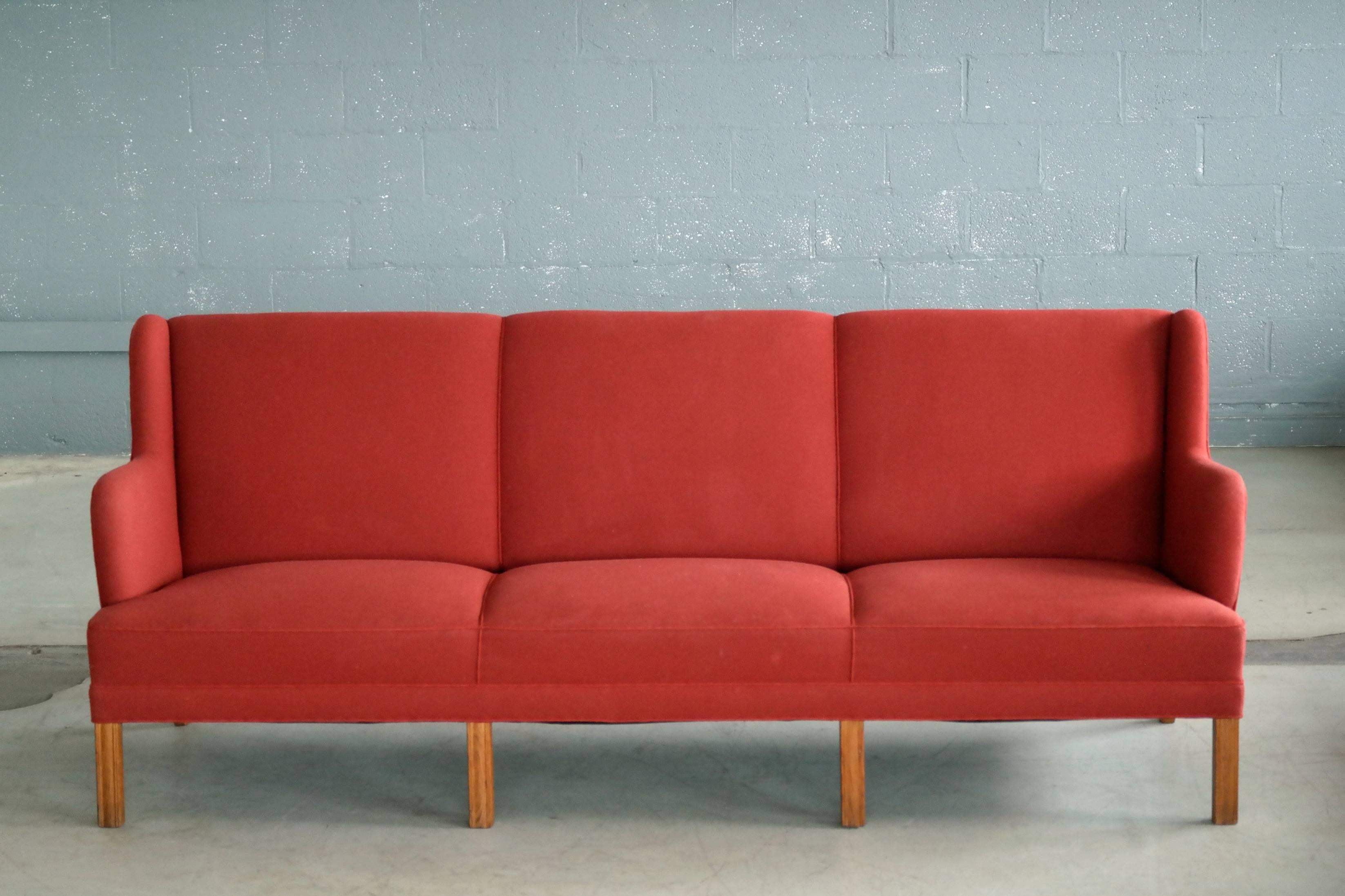Mid-Century Modern Kaare Klint Style Classic 1950 Danish Three-Seat Sofa by Master Frits Henningsen