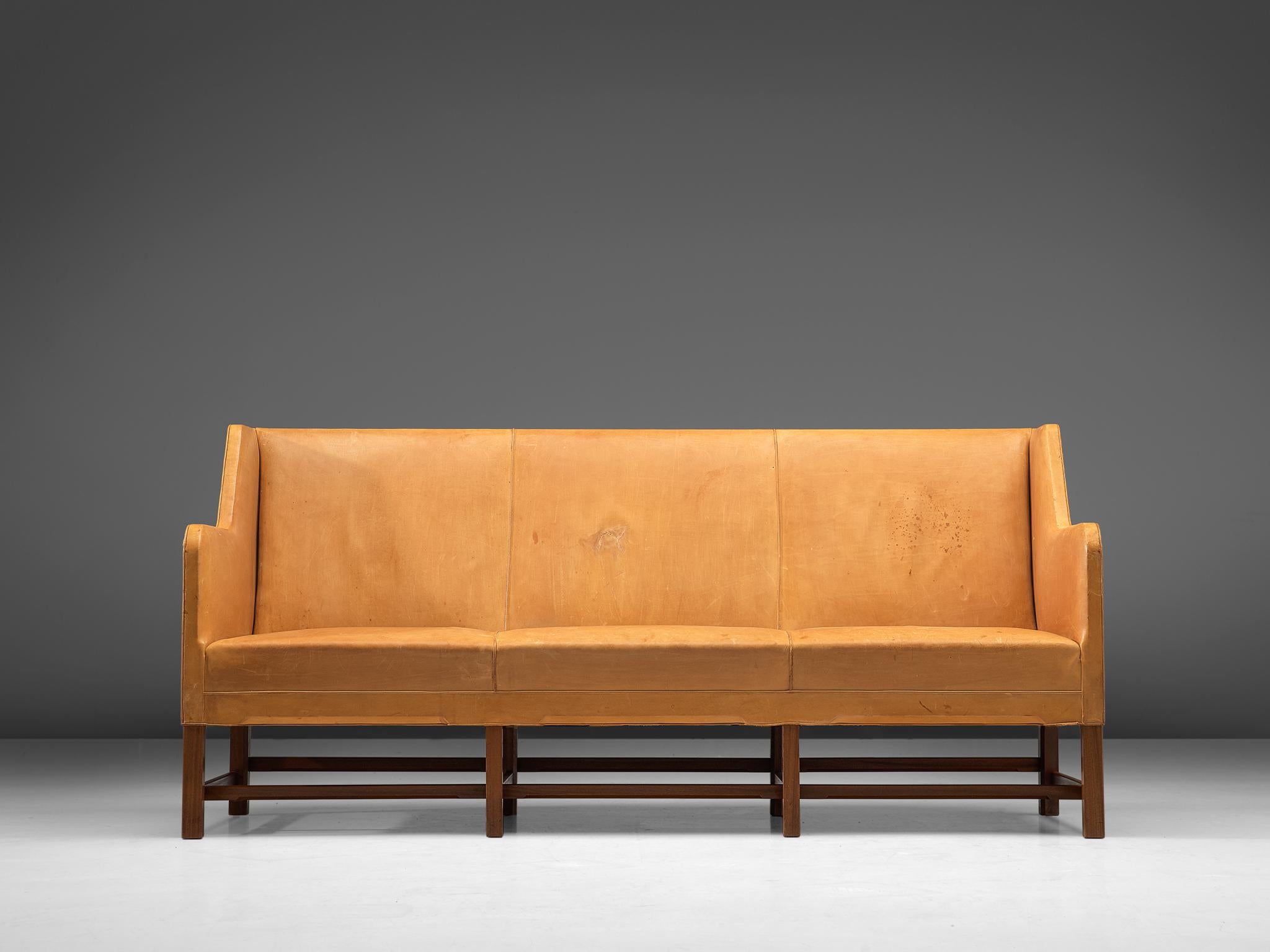 Scandinavian Modern Kaare Klint for Rud Rasmussen Sofa in Natural Leather and Mahogany