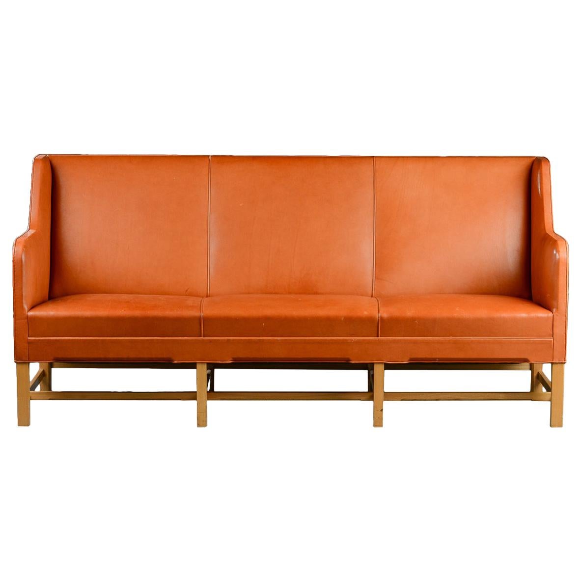 Kaare Klint Three-Seat Sofa in Original Cognac Leather Rud, Rasmussen Danish For Sale