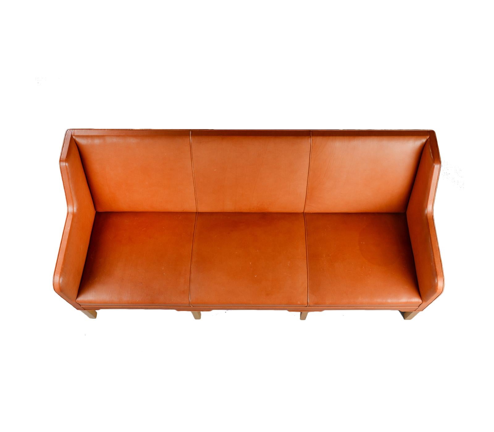 Mid-20th Century Kaare Klint Three-Seat Sofa in Original Cognac Leather Rud, Rasmussen Danish For Sale