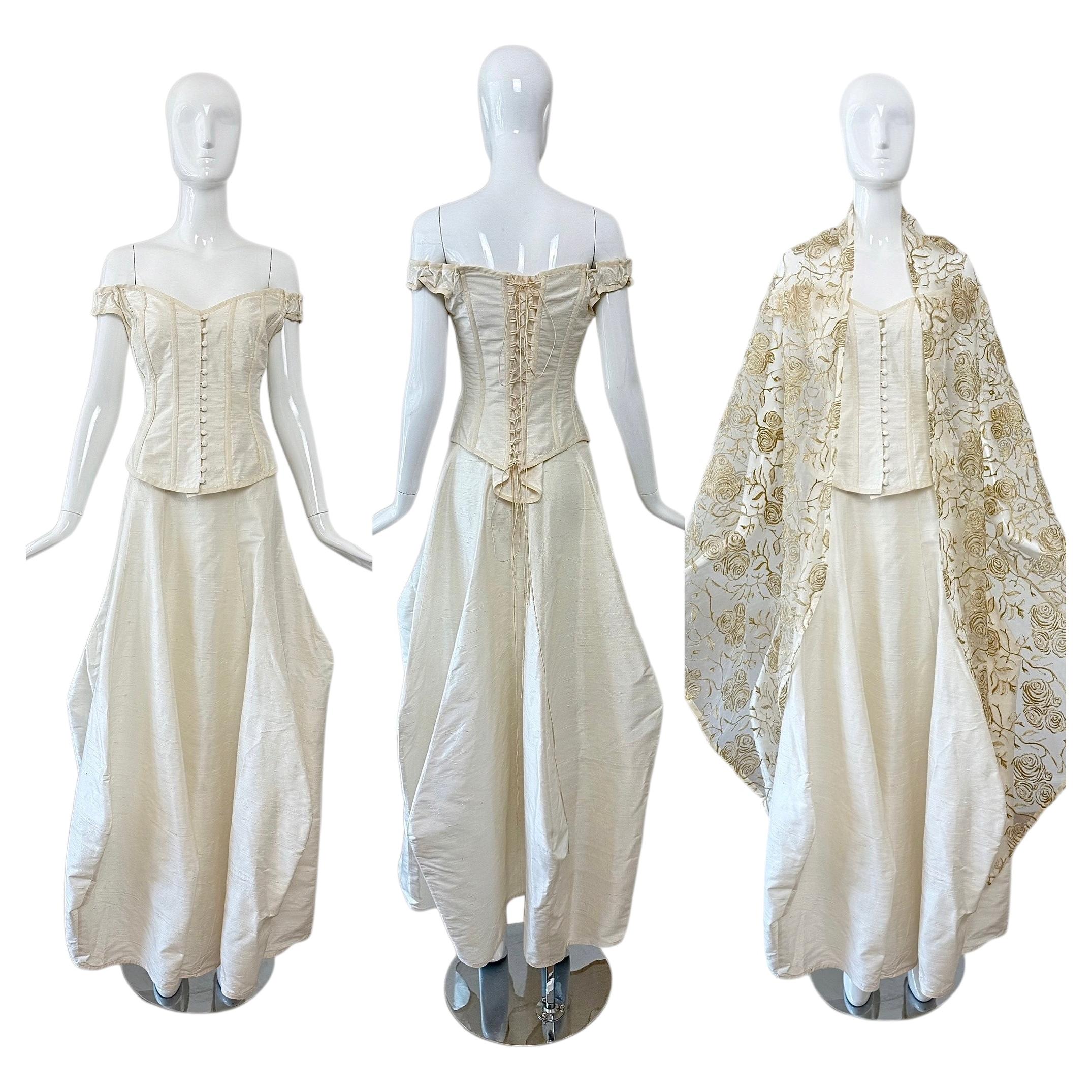 KAAT TILLEY 90's Vintage Ivory Raw Silk Corset, Skirt, & Wrap Wedding Ensemble For Sale
