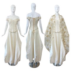 KAAT TILLEY 90's Vintage Ivory Raw Silk Corset, Skirt, & Wrap Wedding Ensemble