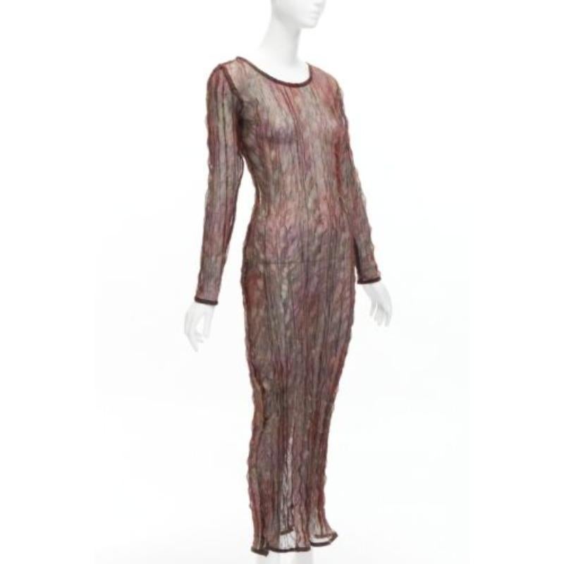 Gray KAAT TILLEY Vintage brown red green crinkled round neck  sheer dress FR36 S For Sale