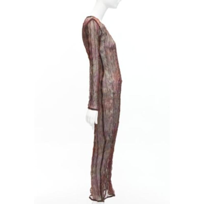 KAAT TILLEY Vintage brown red green crinkled round neck  sheer dress FR36 S In Excellent Condition For Sale In Hong Kong, NT