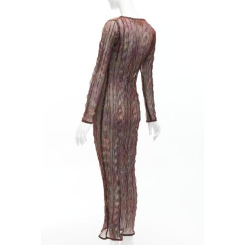 KAAT TILLEY Vintage brown red green crinkled round neck  sheer dress FR36 S For Sale 1