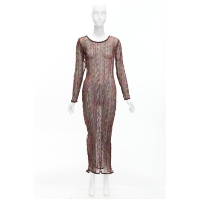 KAAT TILLEY Vintage brown red green crinkled round neck  sheer dress FR36 S For Sale 4