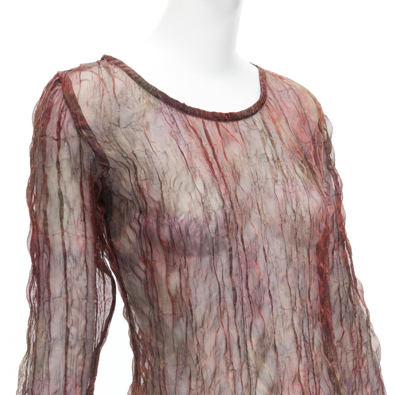 KAAT TILLEY Vintage brown red green crinkled round neck long sleeves sheer dress FR36 S
Reference: TGAS/D00729
Brand: Kaat Tilley
Material: Feels like polyester
Color: Brown, Red
Pattern: Abstract
Closure: Pullover

CONDITION:
Condition: Excellent,