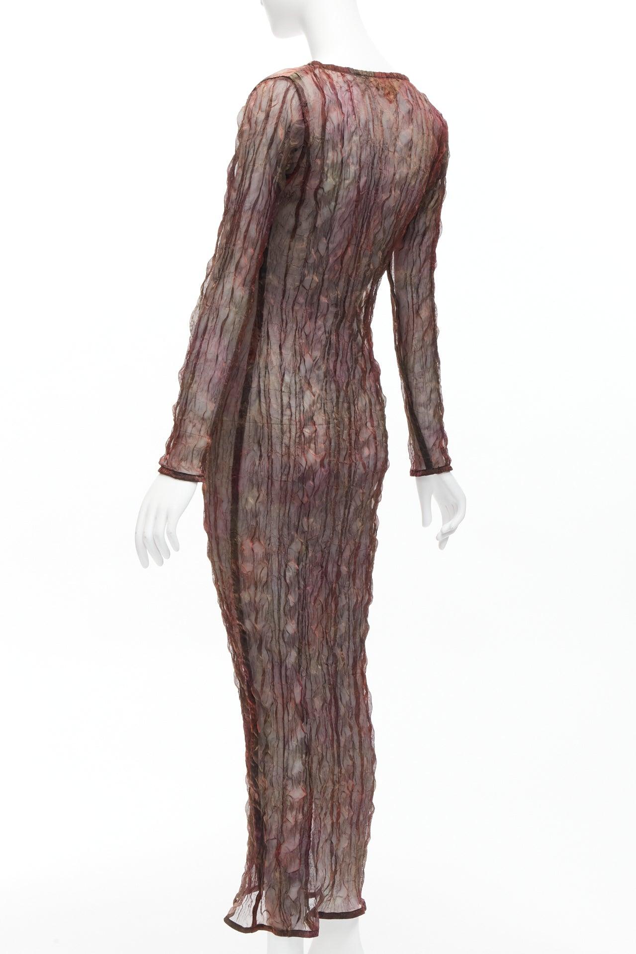 KAAT TILLEY Vintage Grünes durchsichtiges Kleid mit gekräuseltem Rundhalsausschnitt und langen Ärmeln FR36 S 1
