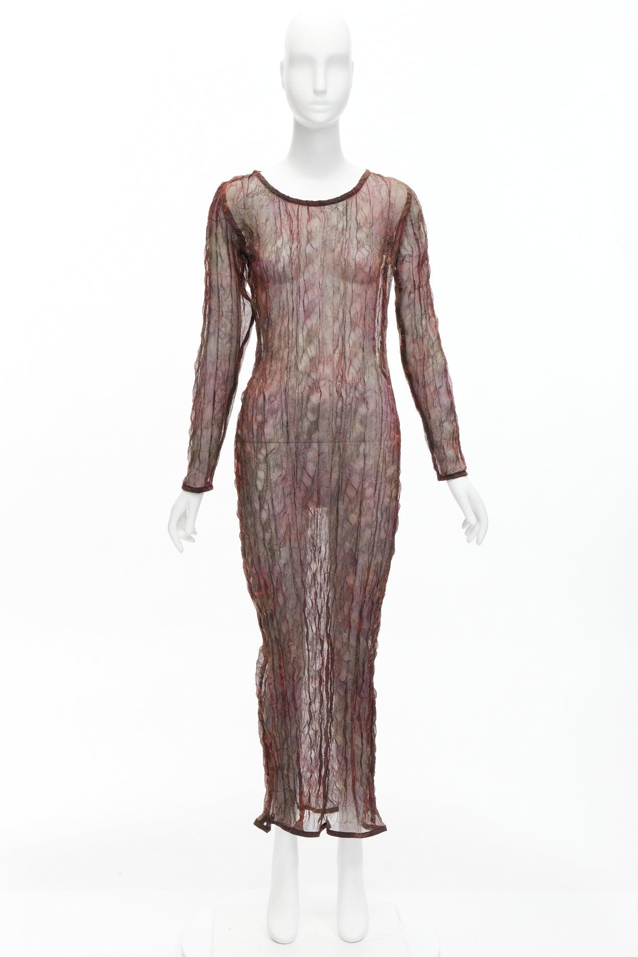 KAAT TILLEY Vintage Grünes durchsichtiges Kleid mit gekräuseltem Rundhalsausschnitt und langen Ärmeln FR36 S 4