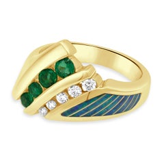 Kabana 14 Karat Yellow Gold Emerald, Diamond & Opal Inlay Ring