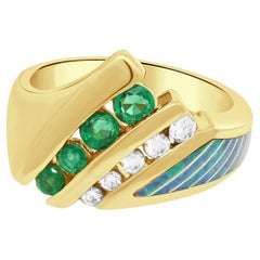 Kabana 14 Karat Yellow Gold Emerald, Diamond & Opal Inlay Ring