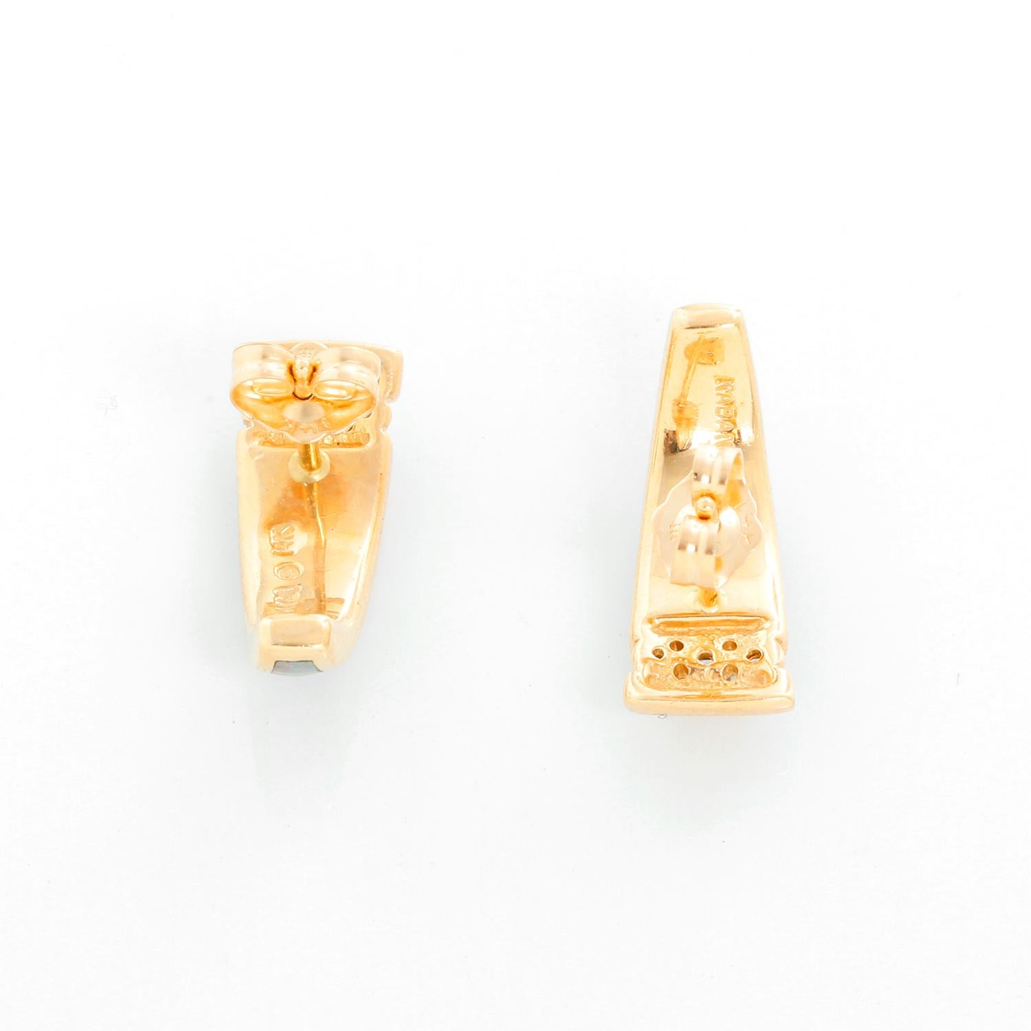 Kabana 14K Yellow Gold Small Opal Earrings - Set in 14K Yellow Gold. Beautiful 5 Star Opal inlay drop earrings. 3 Diamonds on each. Measuring .5 inch down. Total weight 3.9 grams.
