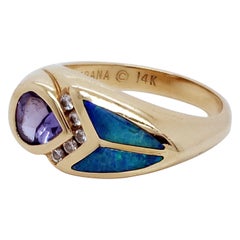 Retro Kabana 14 Karat Yellow Gold, Tanzanite, Opal and Diamond Ring