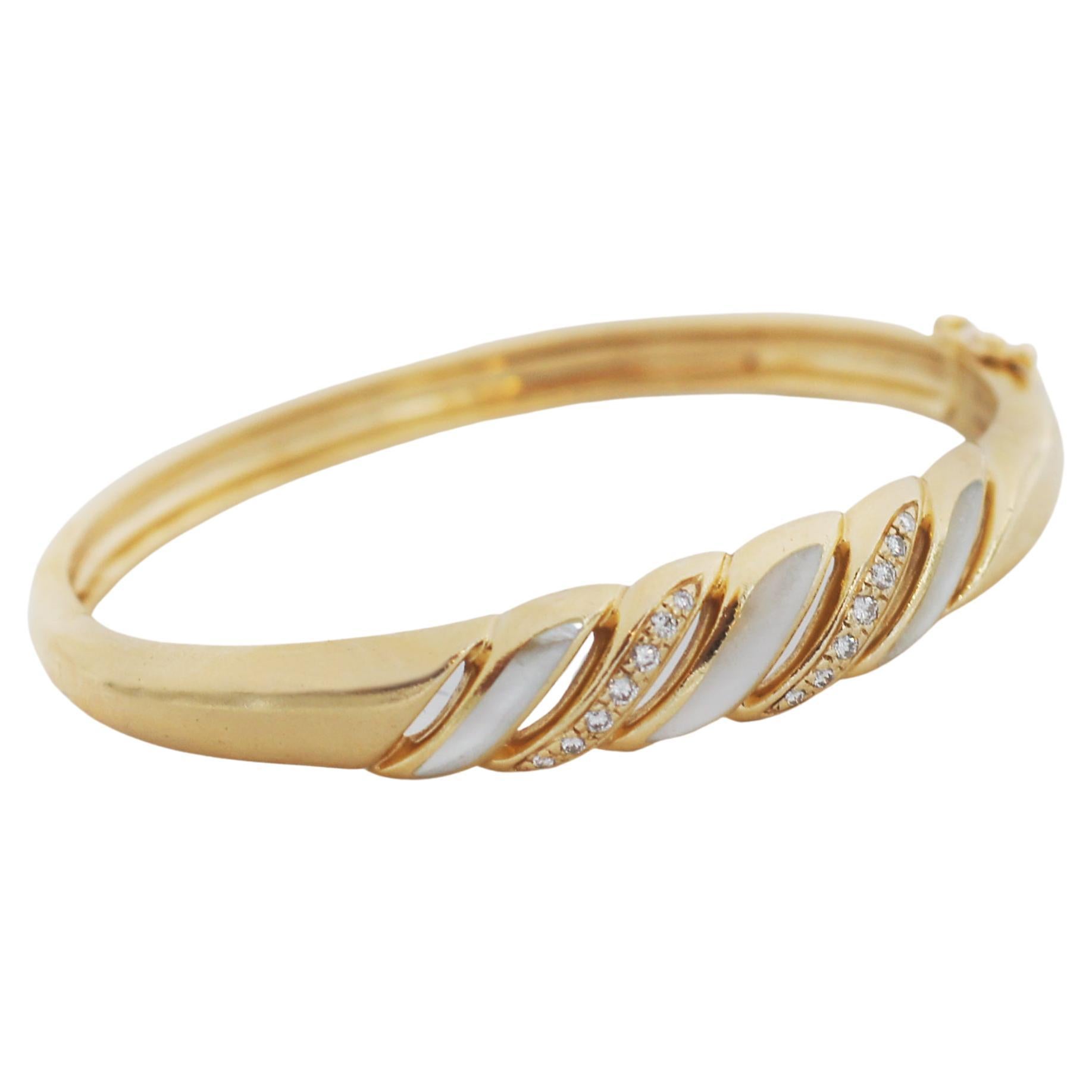 Kabana 14k Gold Diamond and Mother of Pearl Inlay Bangle Bracelet For Sale