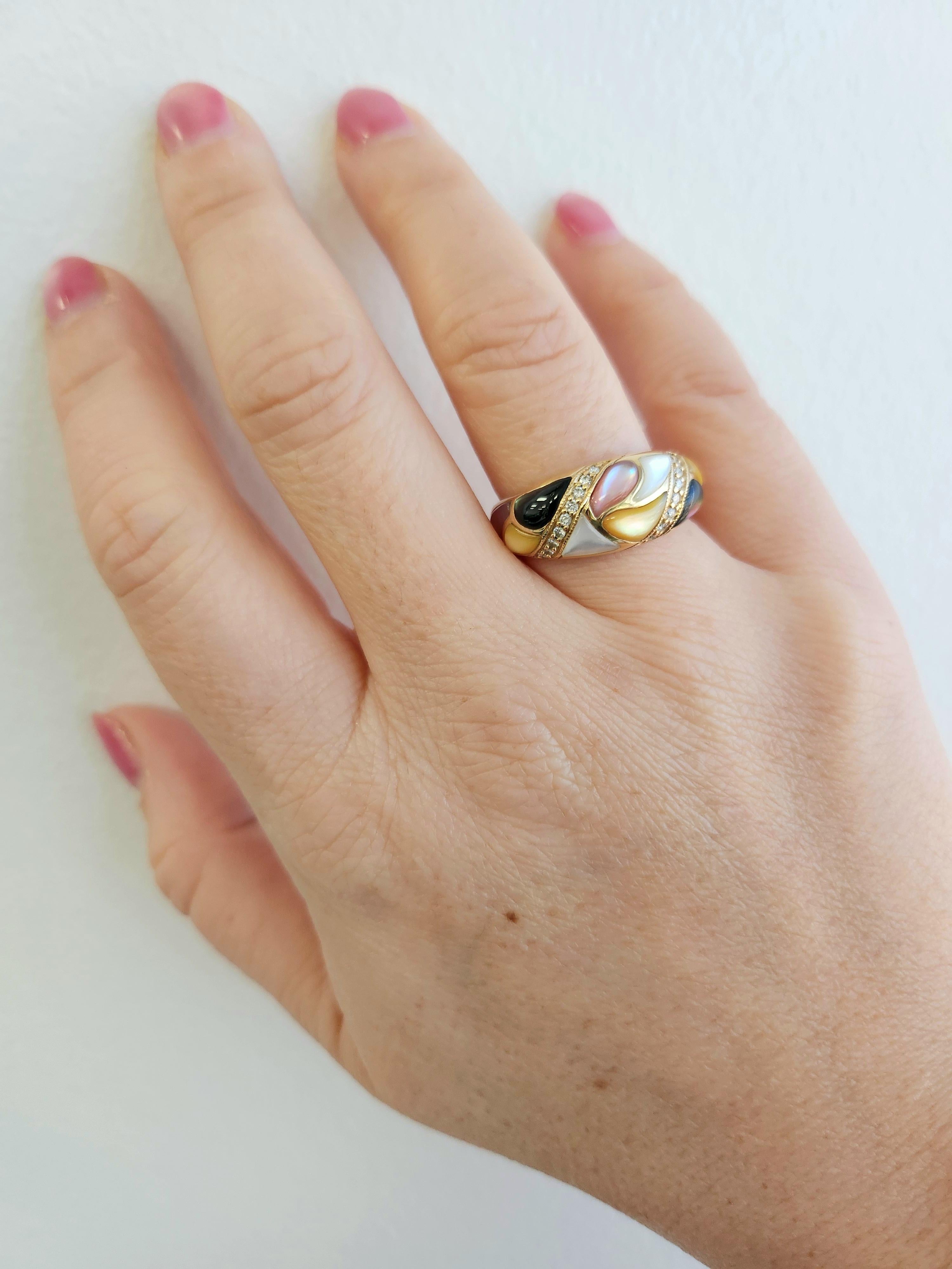 Kabana 14K Gold Perlmutt Mosaik & Diamant Akzent Ring - Größe 8 (Kunsthandwerker*in) im Angebot