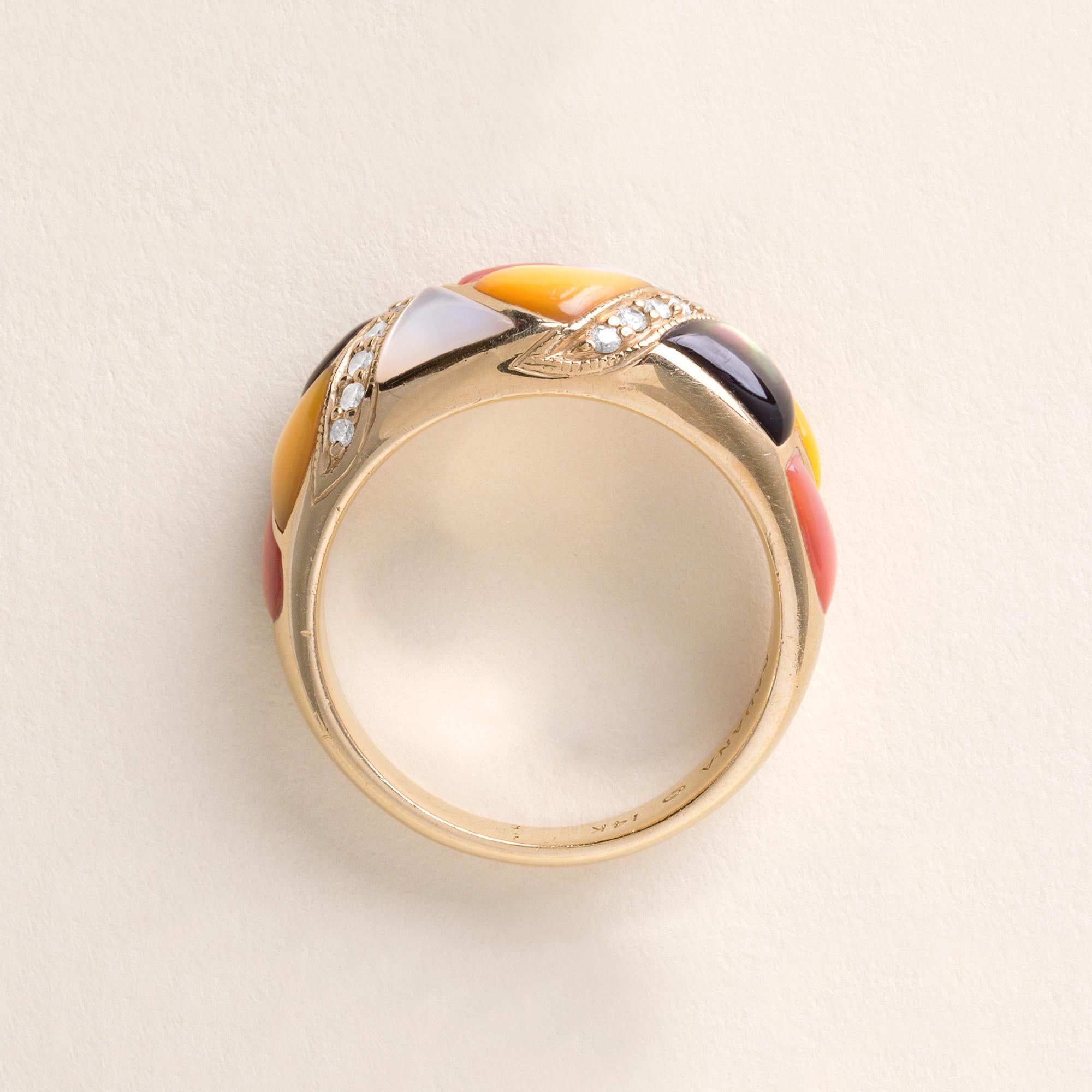 Kabana 14K Gold Perlmutt Mosaik & Diamant Akzent Ring - Größe 8 im Zustand „Hervorragend“ im Angebot in Los Angeles, CA