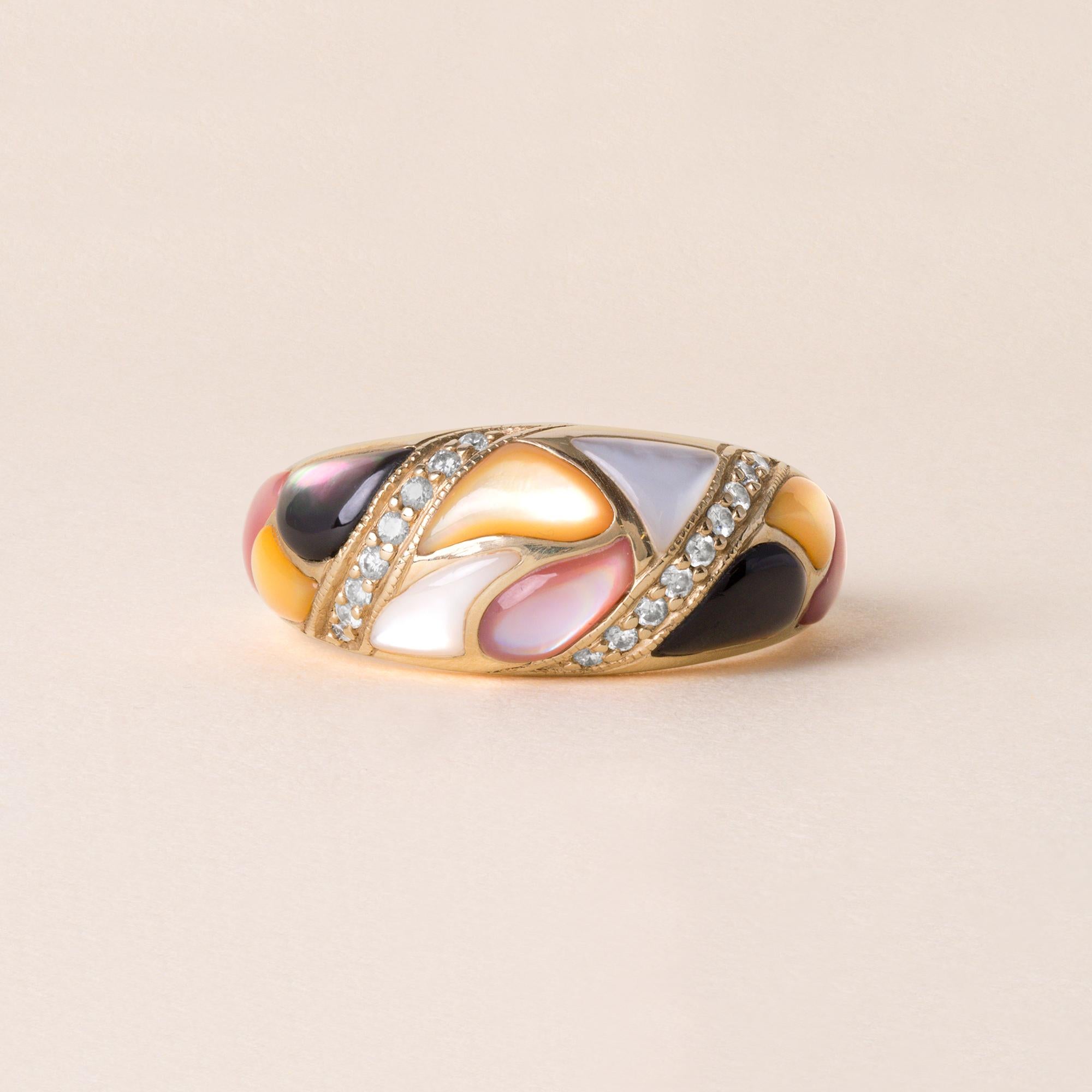 Kabana 14K Gold Perlmutt Mosaik & Diamant Akzent Ring - Größe 8 im Angebot 2