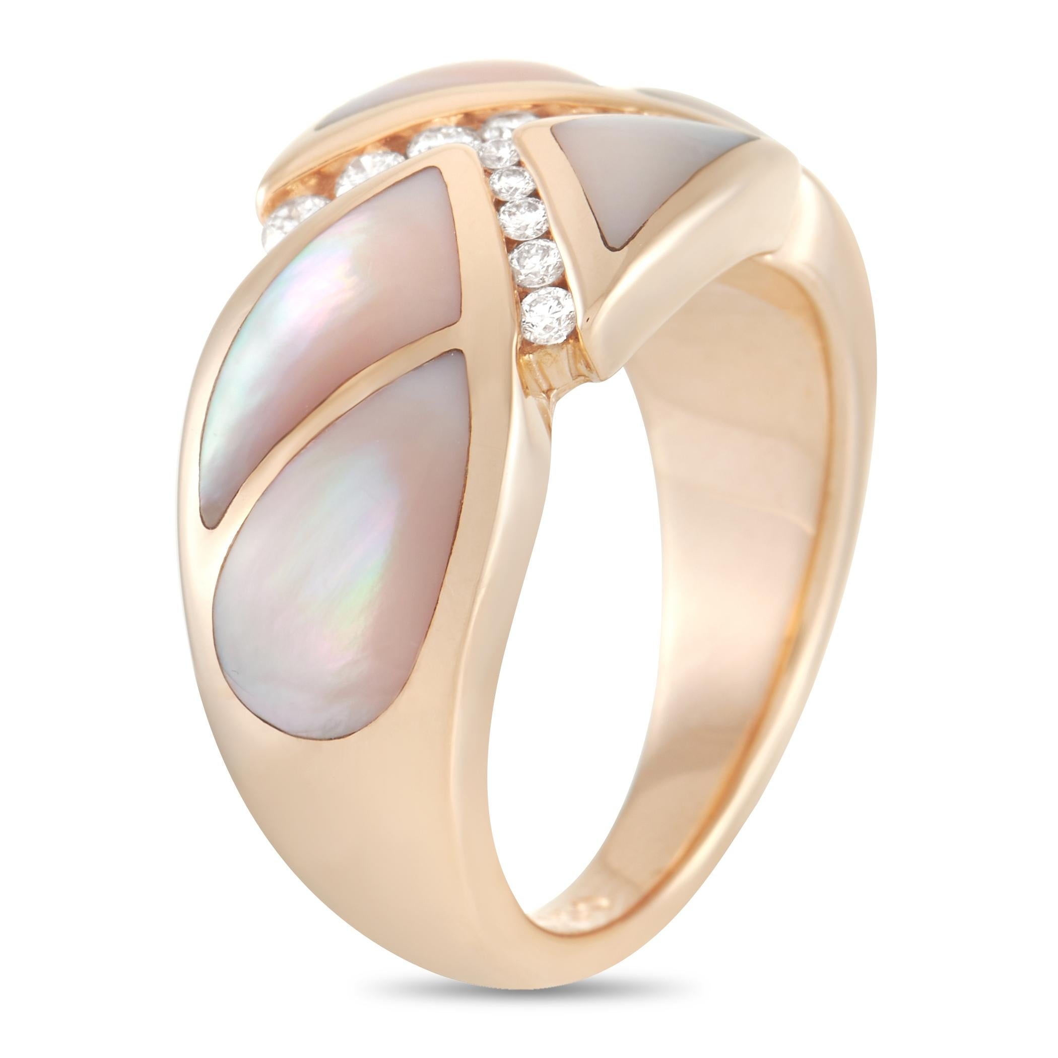 This lovely Kabana ring is pretty in pink. The simple band is made with 14K rose gold and set with an inlay of soft pink mother of pearl in a unique geometric design. The face of the ring is set with a row of round diamonds totaling 0.23 carats. The
