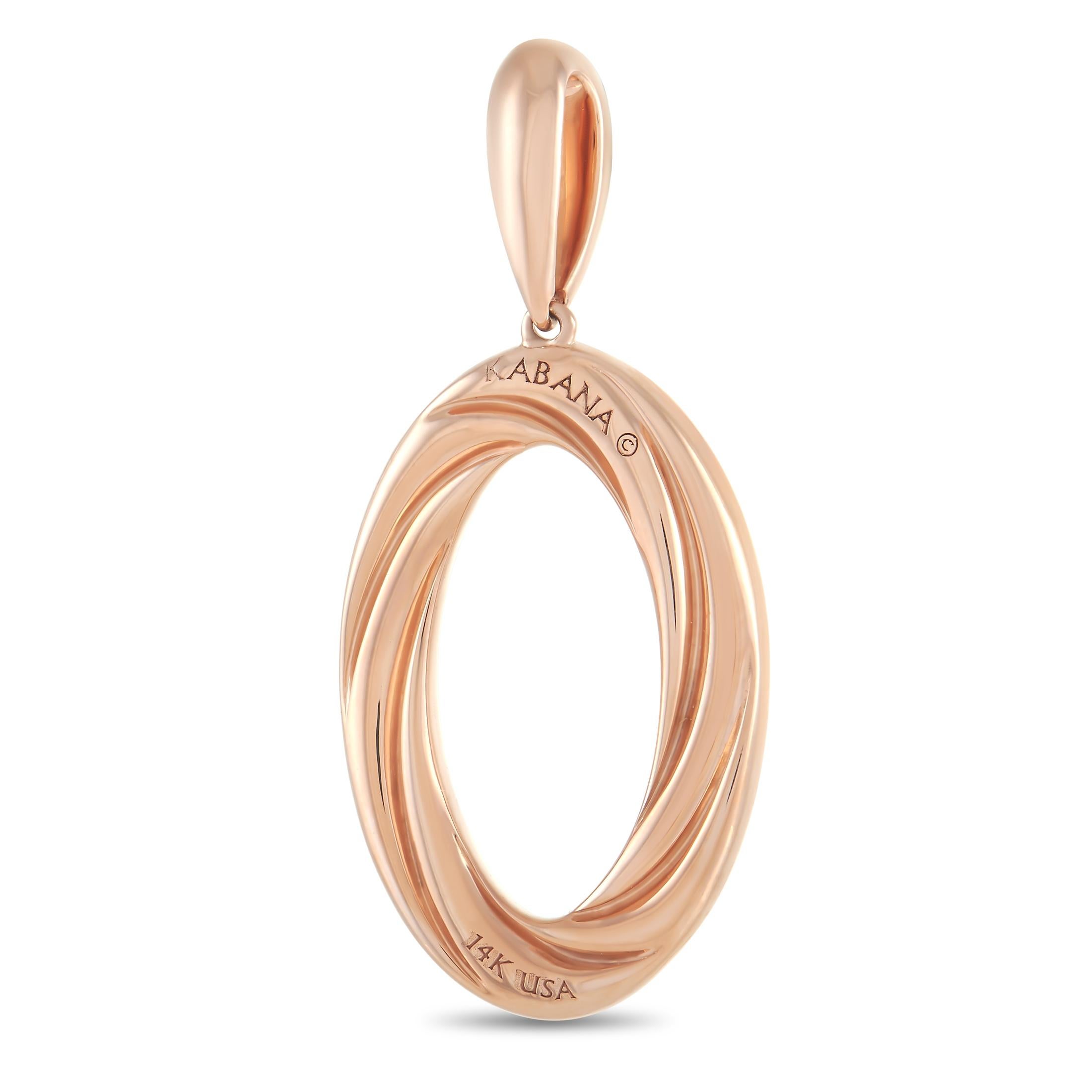 Gracefully curved lines give this elegant Kabana pendant a stylish sense of movement. A 14K Rose Gold setting provides the perfect backdrop for Mother of Pearl accents and diamonds with a total weight of 0.25 carats. It measures 1.63” long, .75”