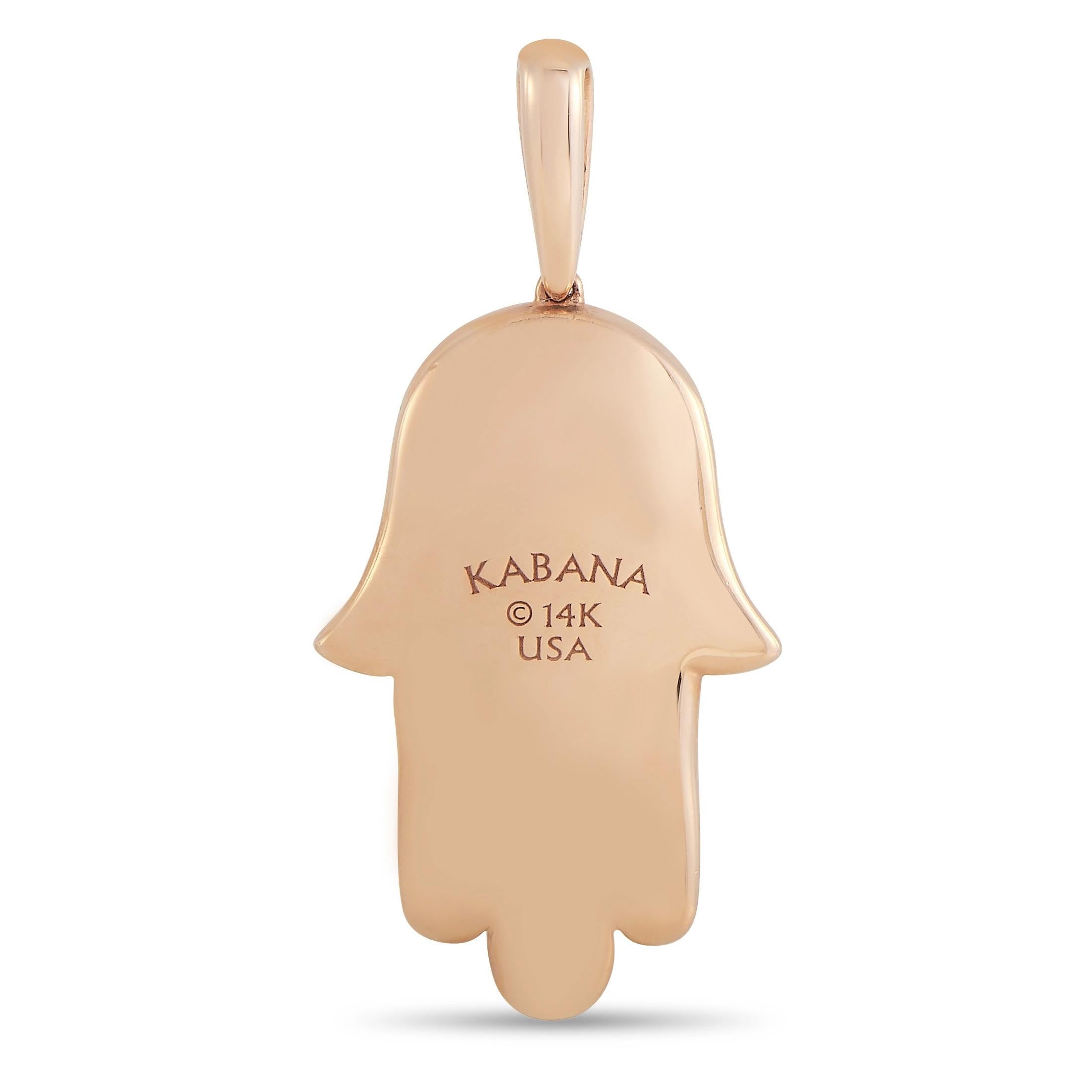 This beautiful Kabana 14K Rose Gold 0.33 ct Diamond and Mother of Pearl Hamsa Pendant is made with warm 14K rose gold. The pendant is set with 0.33 carats of small round-cut diamonds and inlaid with a mother of pearl in a soft pink color. The