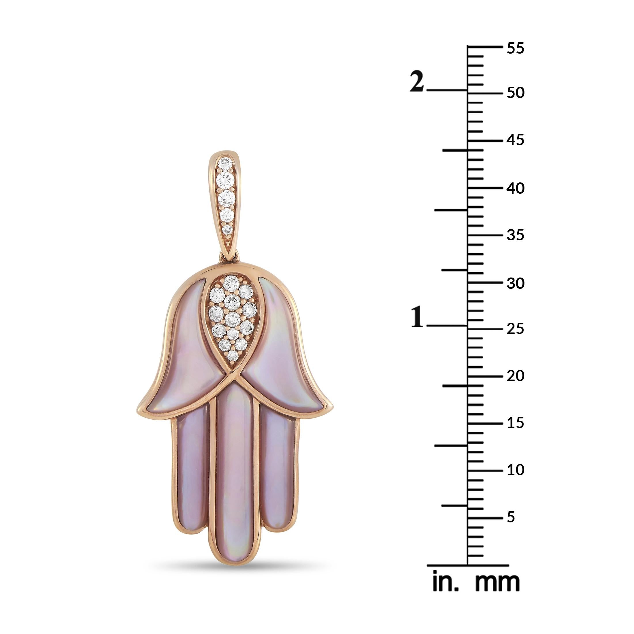 Mixed Cut Kabana 14K Rose Gold 0.33 Ct Diamond and Mother of Pearl Hamsa Pendant For Sale