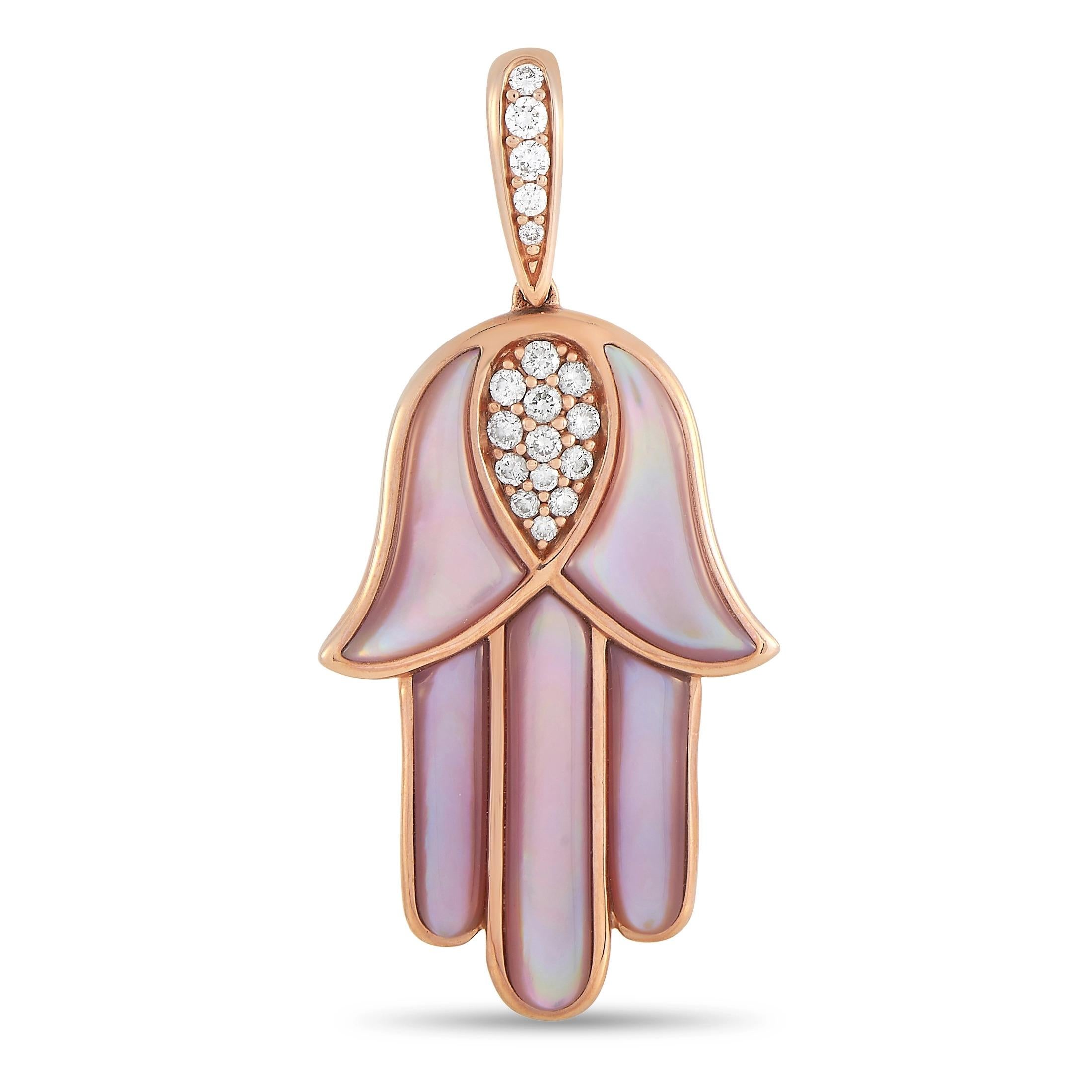 Kabana 14K Rose Gold 0.33 Ct Diamond and Mother of Pearl Hamsa Pendant In New Condition In Southampton, PA